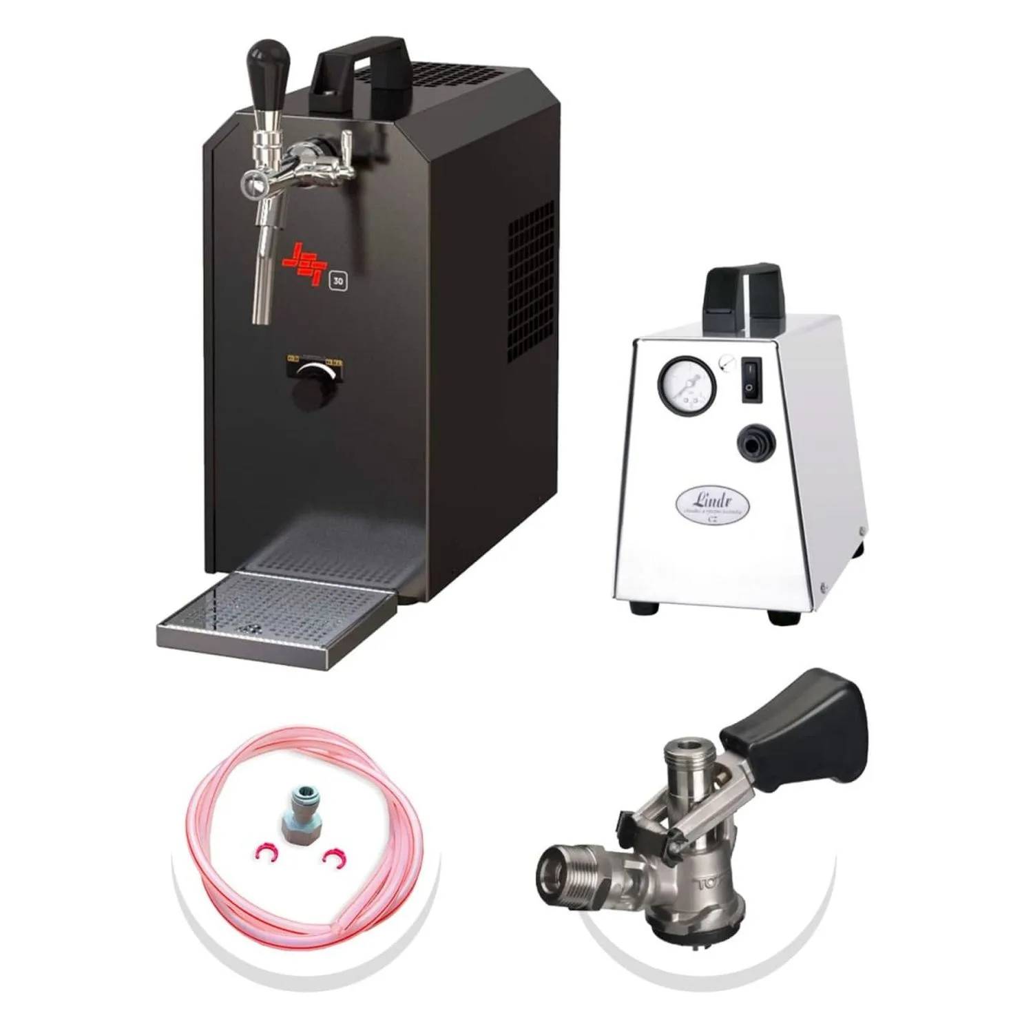 Komplett Set - Zapfanlage JET 30 Bierkoffer, Bierzapfanlage, Durchlaufkühler 1-leitig Trockenkühler, bis zu 35 Liter/h, Zapfkopf: 5 Liter Adapter