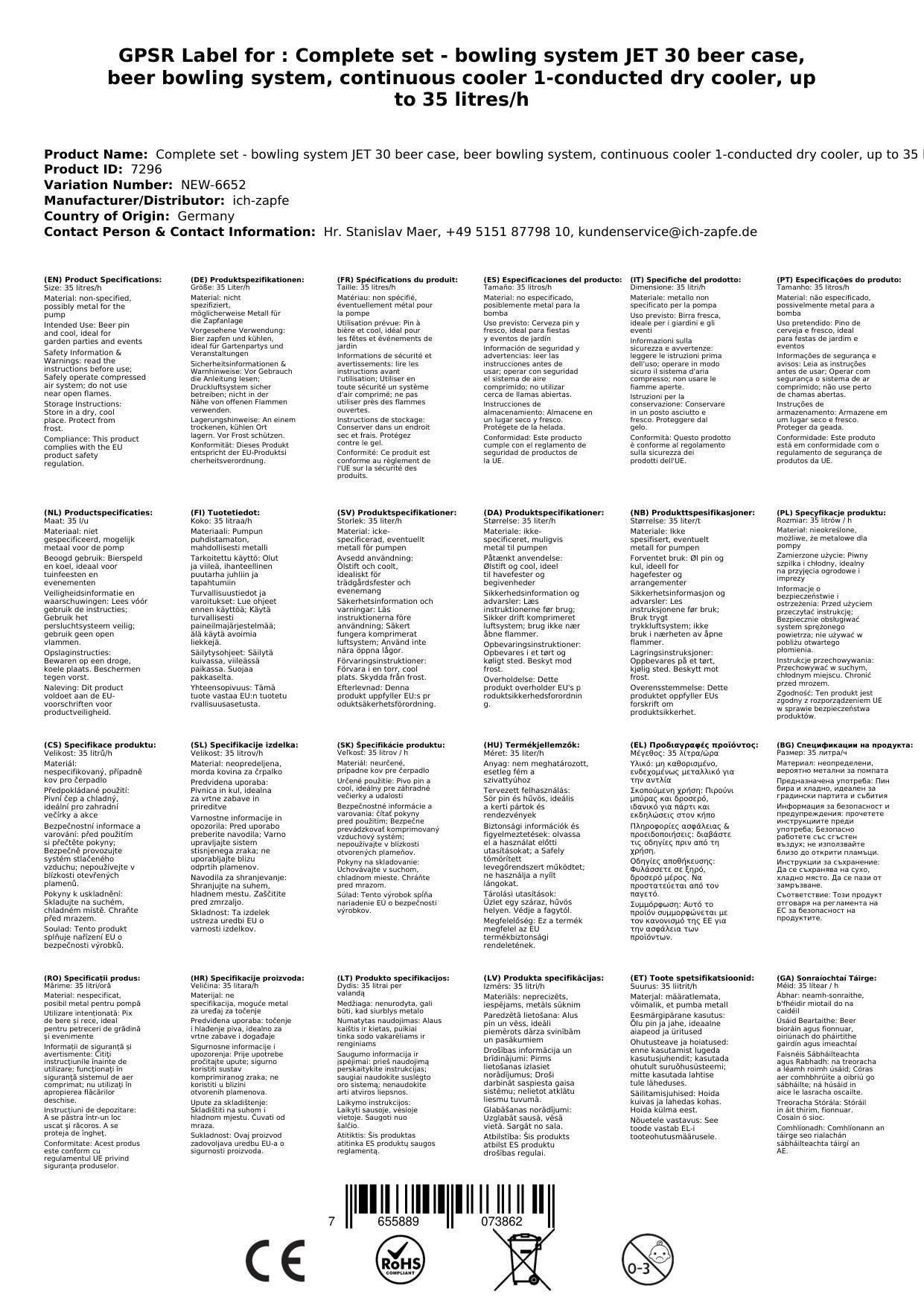Komplett Set - Zapfanlage JET 30 Bierkoffer, Bierzapfanlage, Durchlaufkühler 1-leitig Trockenkühler, bis zu 35 Liter/h, Zapfkopf: 5 Liter Adapter