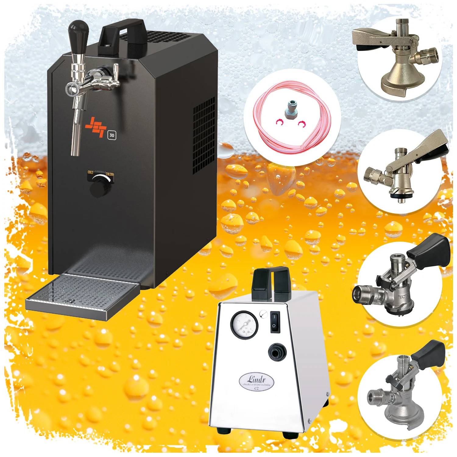 Komplett Set - Zapfanlage JET 30 Bierkoffer, Bierzapfanlage, Durchlaufkühler 1-leitig Trockenkühler, bis zu 35 Liter/h, Zapfkopf: Set alle Zapfköpf