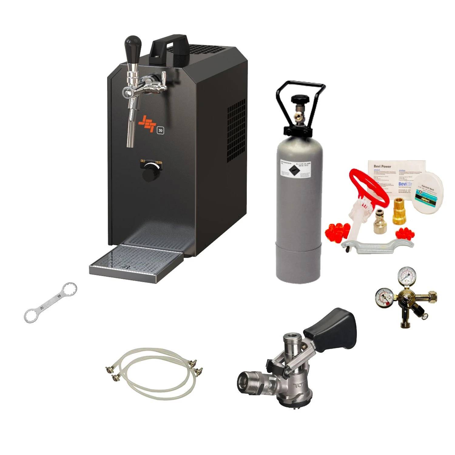 Komplett Set - Zapfanlage JET 30 Bierkoffer, Durchlaufkühler 1-leitig Trockenkühler, bis zu 35 Liter/h, Reinigungsset für Zapfanlage und Keg, Zapfk