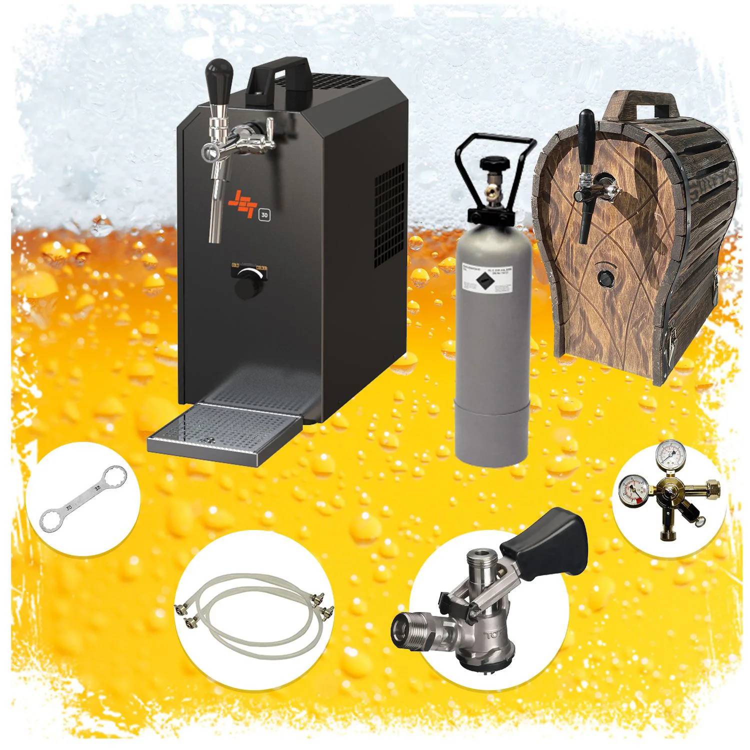 Komplett Set - Zapfanlage JET 30 Bierkoffer, Bierzapfanlage, Durchlaufkühler 1-leitig Trockenkühler, bis zu 35 Liter/h mit Holzfass, Zapfkopf: Korb