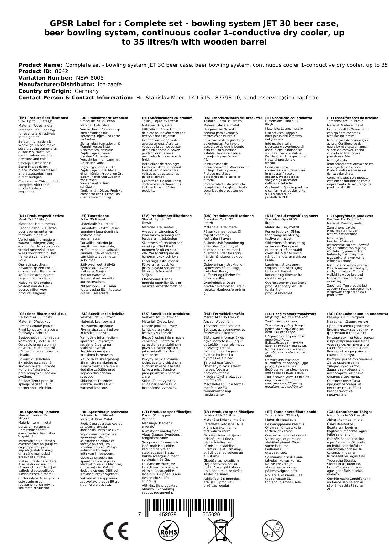 Komplett Set - Zapfanlage JET 30 Bierkoffer, Bierzapfanlage, Durchlaufkühler 1-leitig Trockenkühler, bis zu 35 Liter/h mit Holzfass, Zapfkopf: 5 Lit