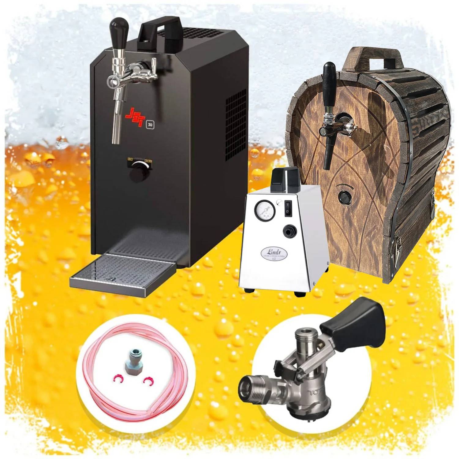 Komplett Set - Zapfanlage JET 30 Bierkoffer, Bierzapfanlage, Durchlaufkühler 1-leitig Trockenkühler, bis zu 35 Liter/h mit Holzfass, Zapfkopf: ohne