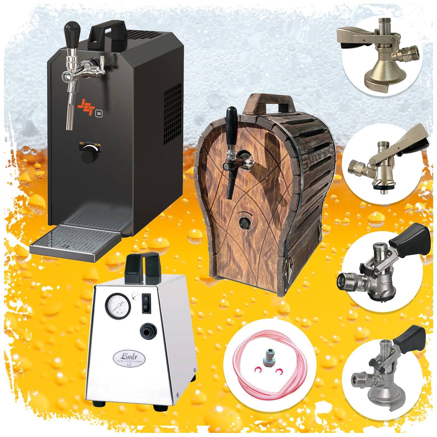 Komplett Set - Zapfanlage JET 30 Bierkoffer, Bierzapfanlage, Durchlaufkühler 1-leitig Trockenkühler, bis zu 35 Liter/h mit Holzfass, Zapfkopf: Set