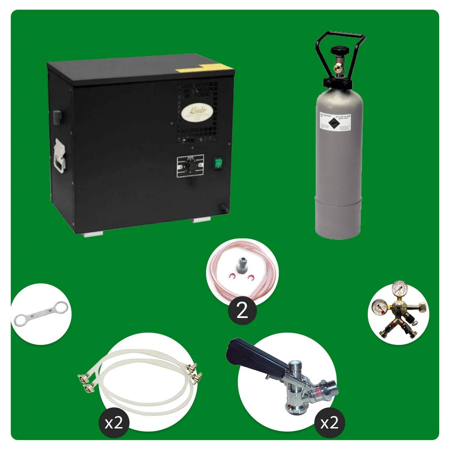 Komplett Set - Zapfanlage, Bierzapfanlage AS-40, 2-leitig, Durchlaufkühler, Nasskühler - Untertheke, Green Line, Zapfkopf: 5 Liter Adapter; Zapfkopf