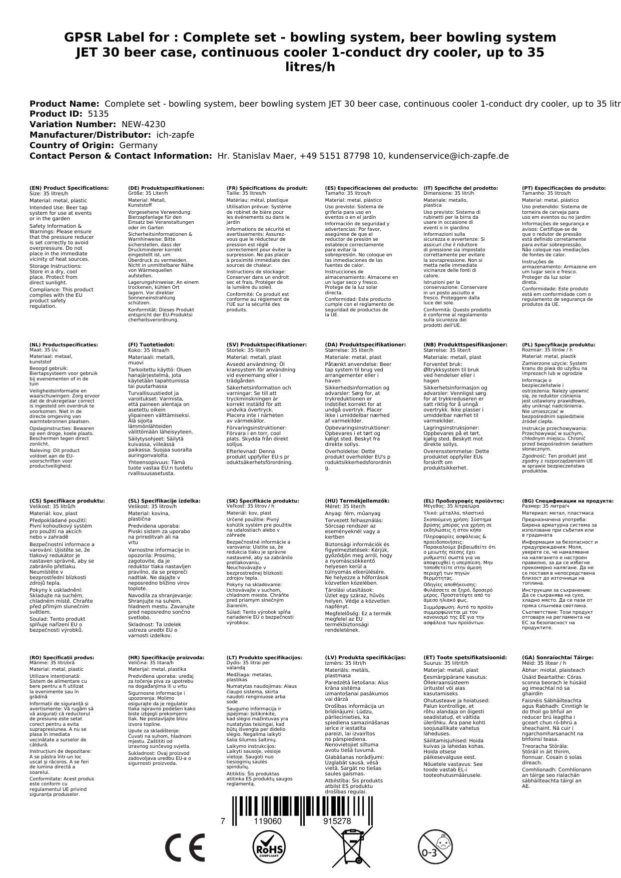 Komplett Set - Zapfanlage, Bierzapfanlage JET 30 Bierkoffer, Durchlaufkühler 1-leitig Trockenkühler, bis zu 35 Liter/h, Zapfkopf: Dreikant