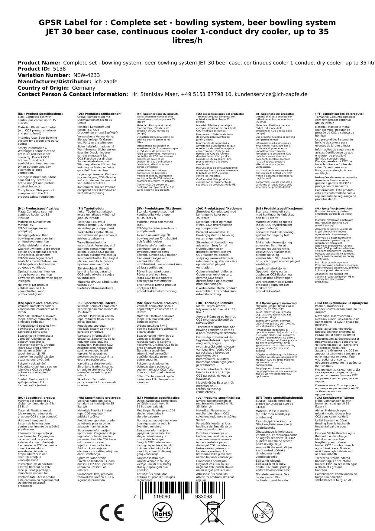 Komplett Set - Zapfanlage, Bierzapfanlage JET 30 Bierkoffer, Durchlaufkühler 1-leitig Trockenkühler, bis zu 35 Liter/h, Zapfkopf: Kombi