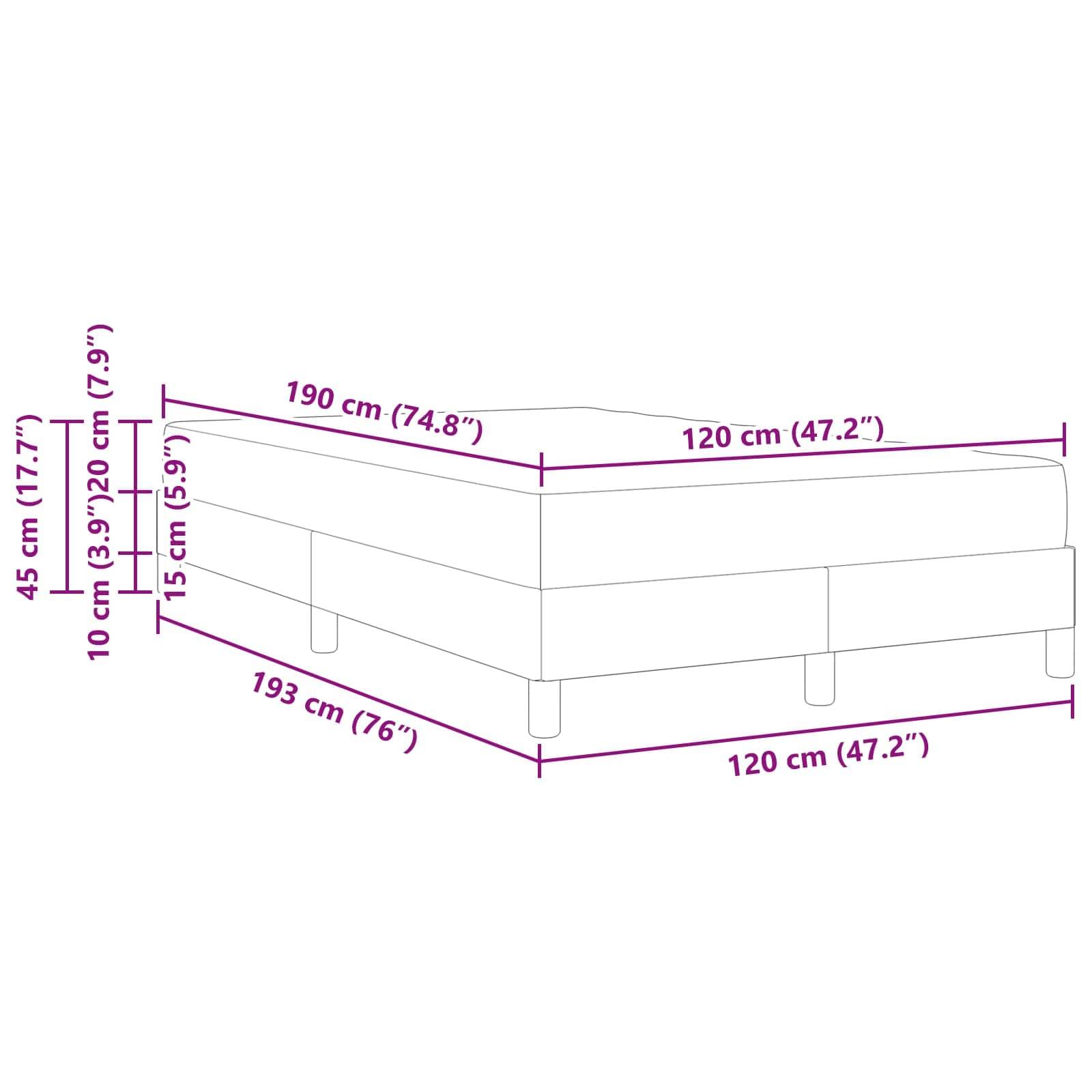 Eine Skizze eines Bettes mit Maßen: Länge 190 cm (74,8 Zoll), Seitenbreite 120 cm (47,2 Zoll) und Höhe 45 cm (17,7 Zoll).
