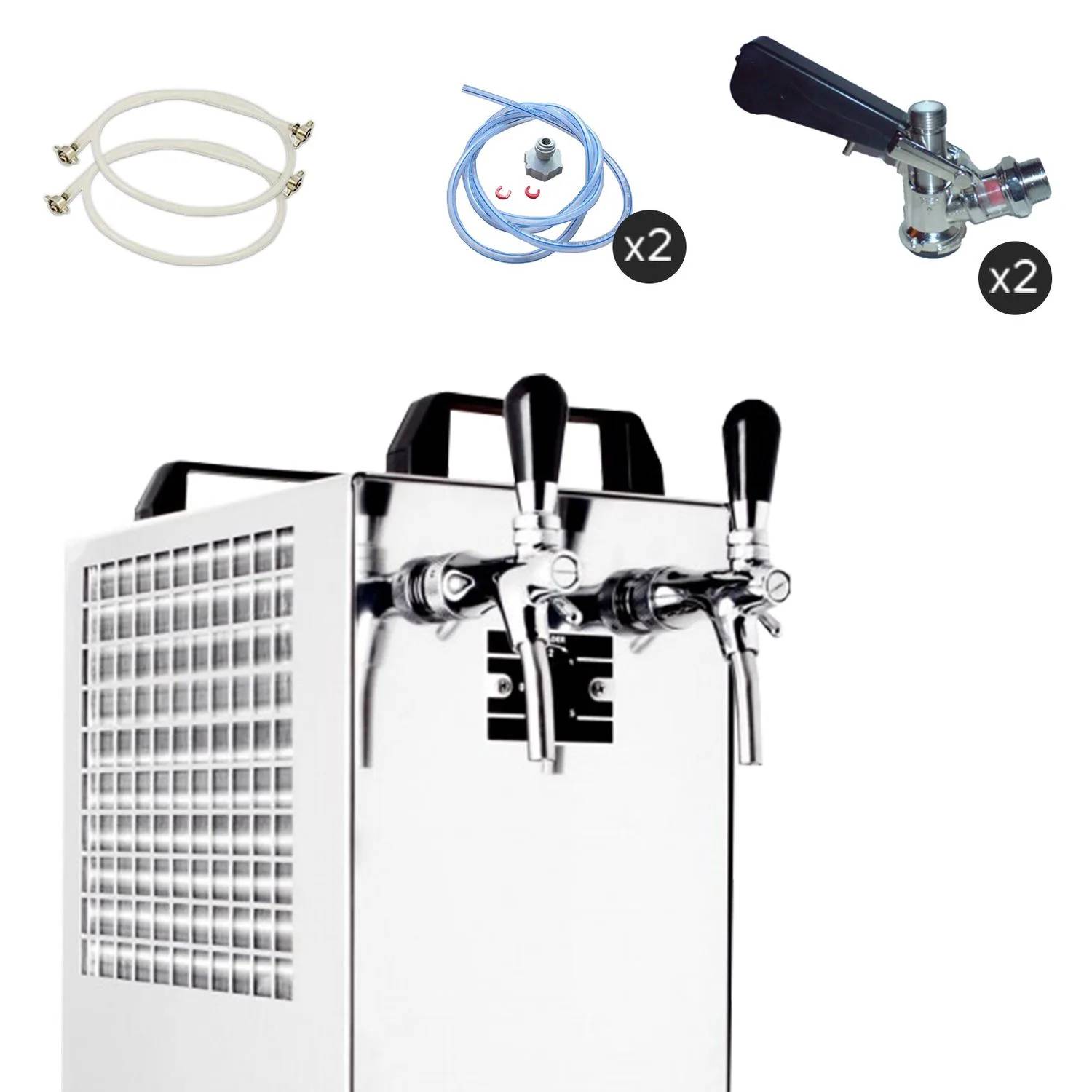 Komplett Set Zapfanlage Kontakt 40/K Bierzapfanlage 2-leitig Trockenkühlgerät aus Edelstahl, 50 Liter/h, mit Membranpumpe, Green Line, Zapfkopf 2: