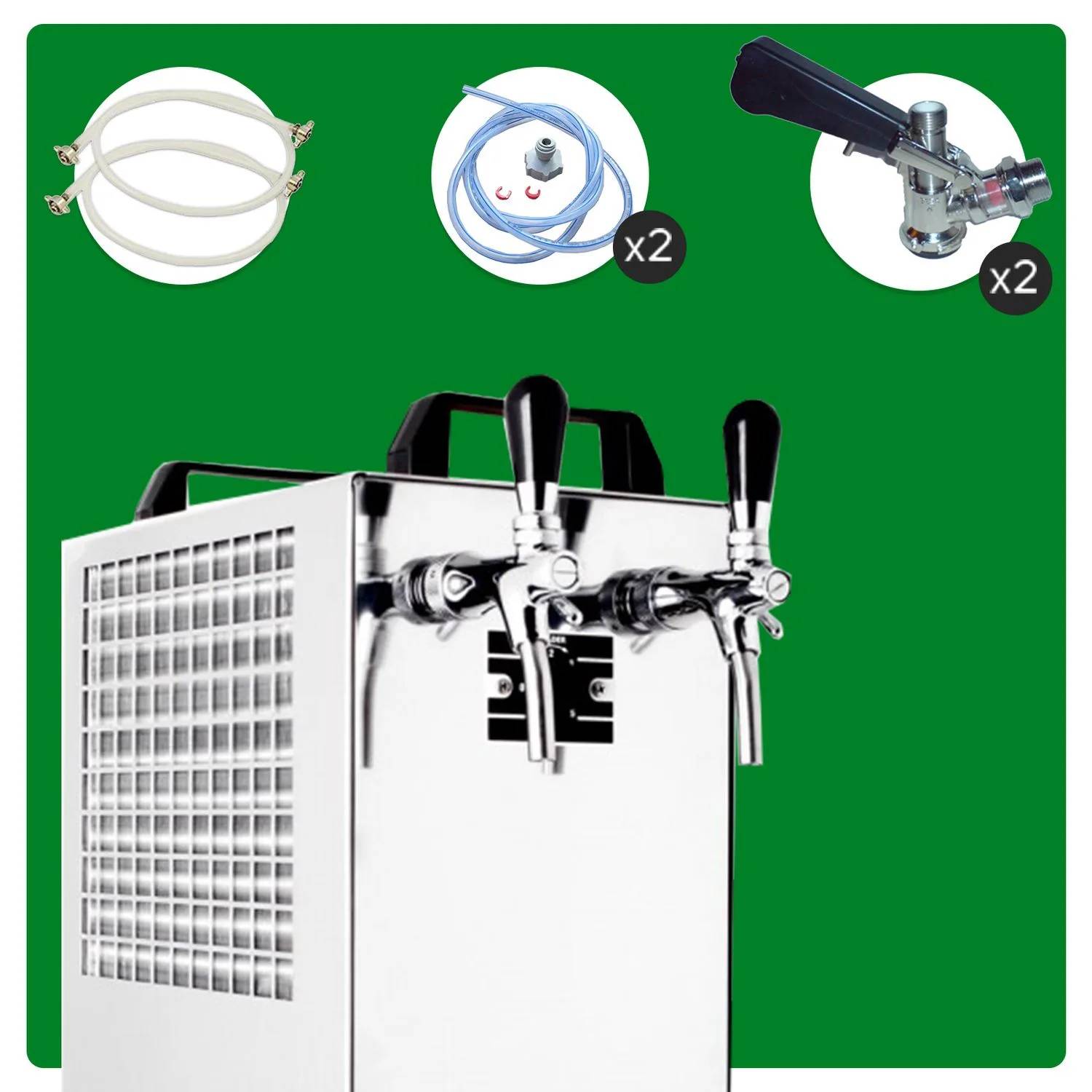 Komplett Set Zapfanlage Kontakt 40/K Bierzapfanlage 2-leitig Trockenkühlgerät aus Edelstahl, 50 Liter/h, mit Membranpumpe, Green Line, Zapfkopf: Kö