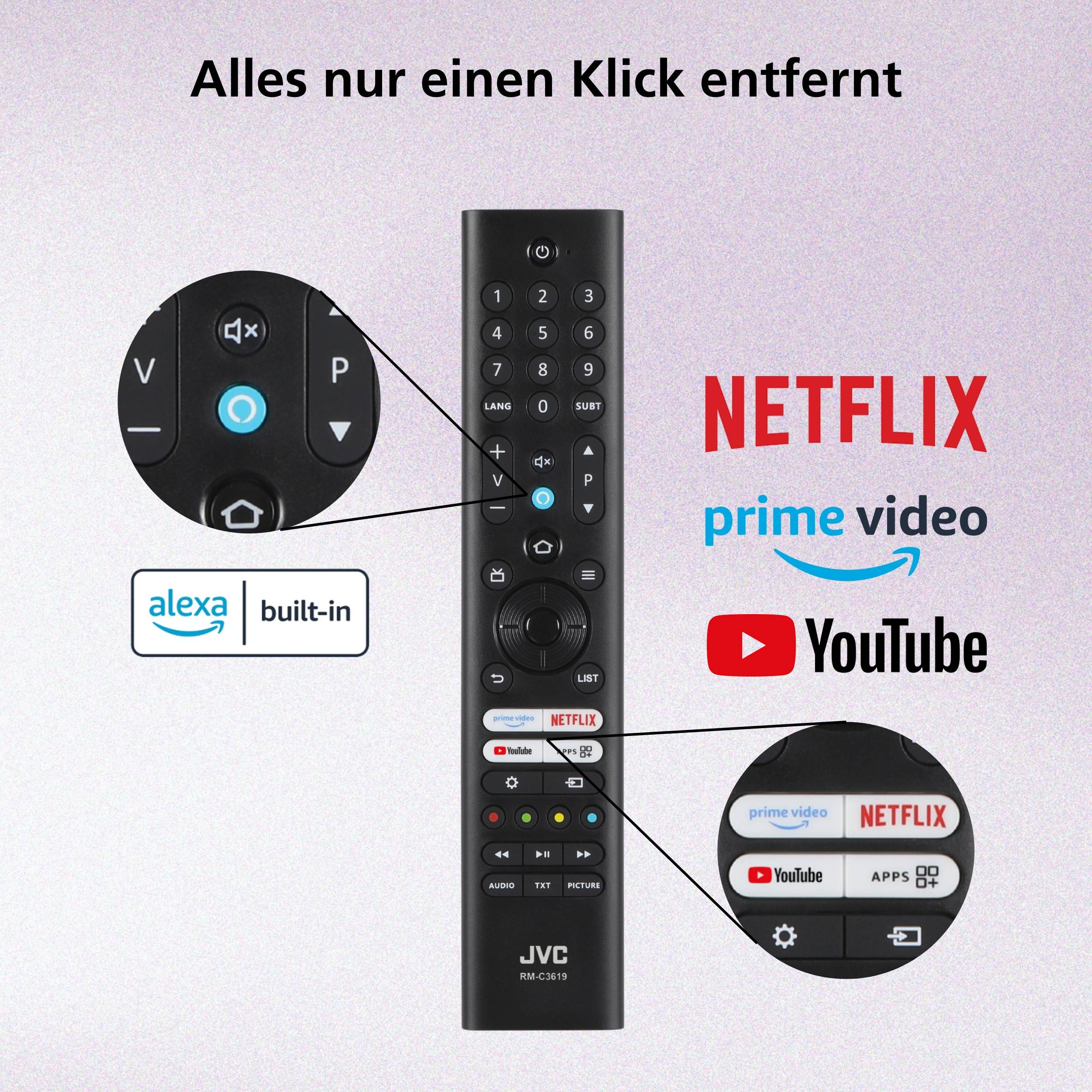 JVC-Fernbedienung mit integriertem Alexa, mit dedizierten Netflix-, Prime Video- und YouTube-Tasten; deutscher Text sagt „Alles nur einen Klick entfernt" („Everything just one click away"").