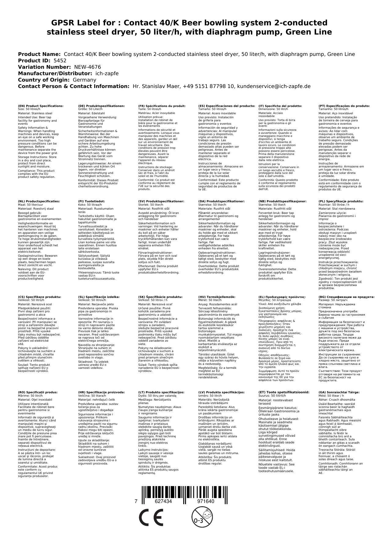 Komplett Set Zapfanlage Kontakt 40/K Bierzapfanlage 2-leitig Trockenkühlgerät aus Edelstahl, 50 Liter/h, mit Membranpumpe, Green Line, Zapfkopf: 5