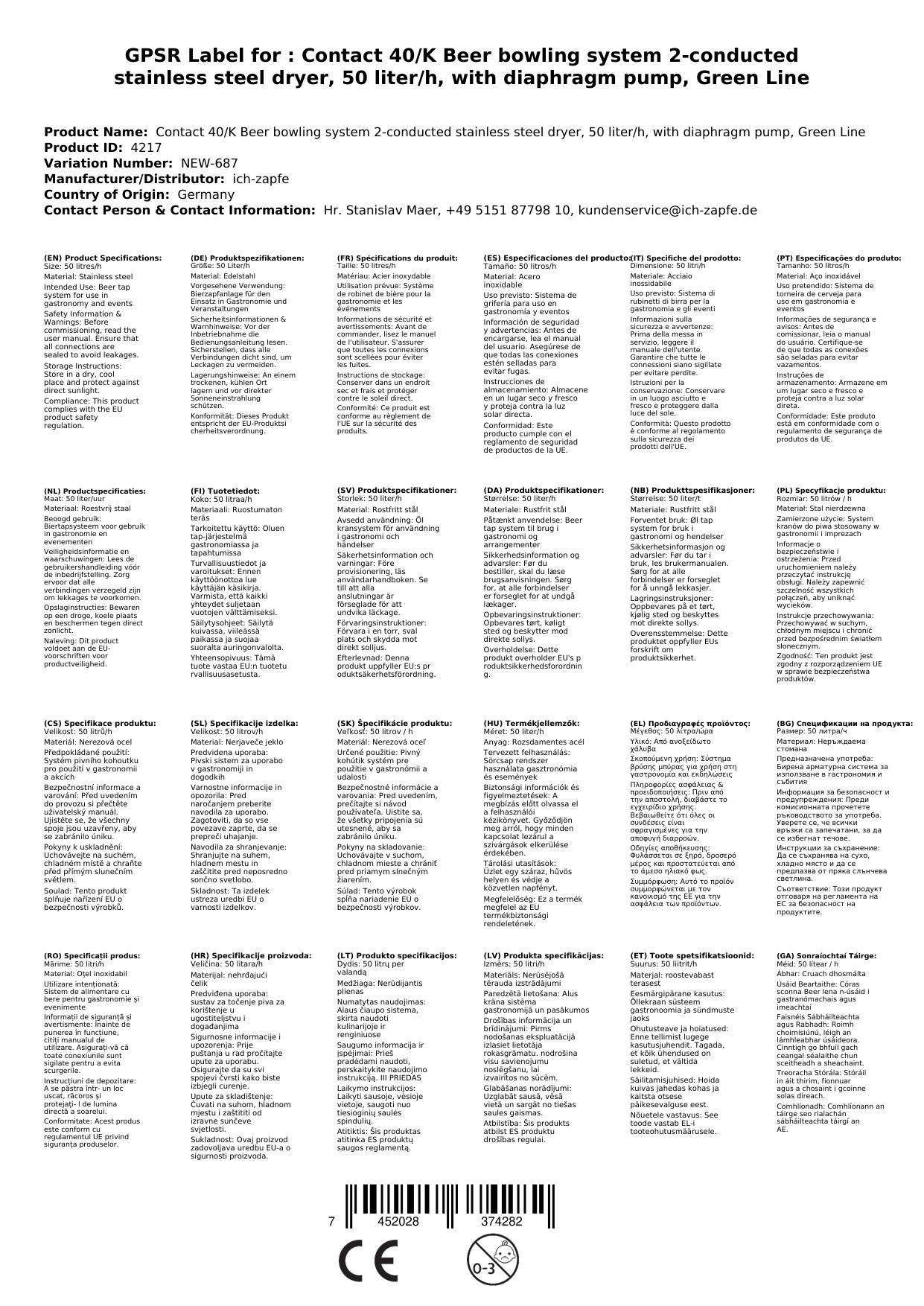 Komplett Set Zapfanlage Kontakt 40/K Bierzapfanlage 2-leitig Trockenkühlgerät aus Edelstahl, 50 Liter/h, mit Membranpumpe, Green Line, Zapfkopf: 5