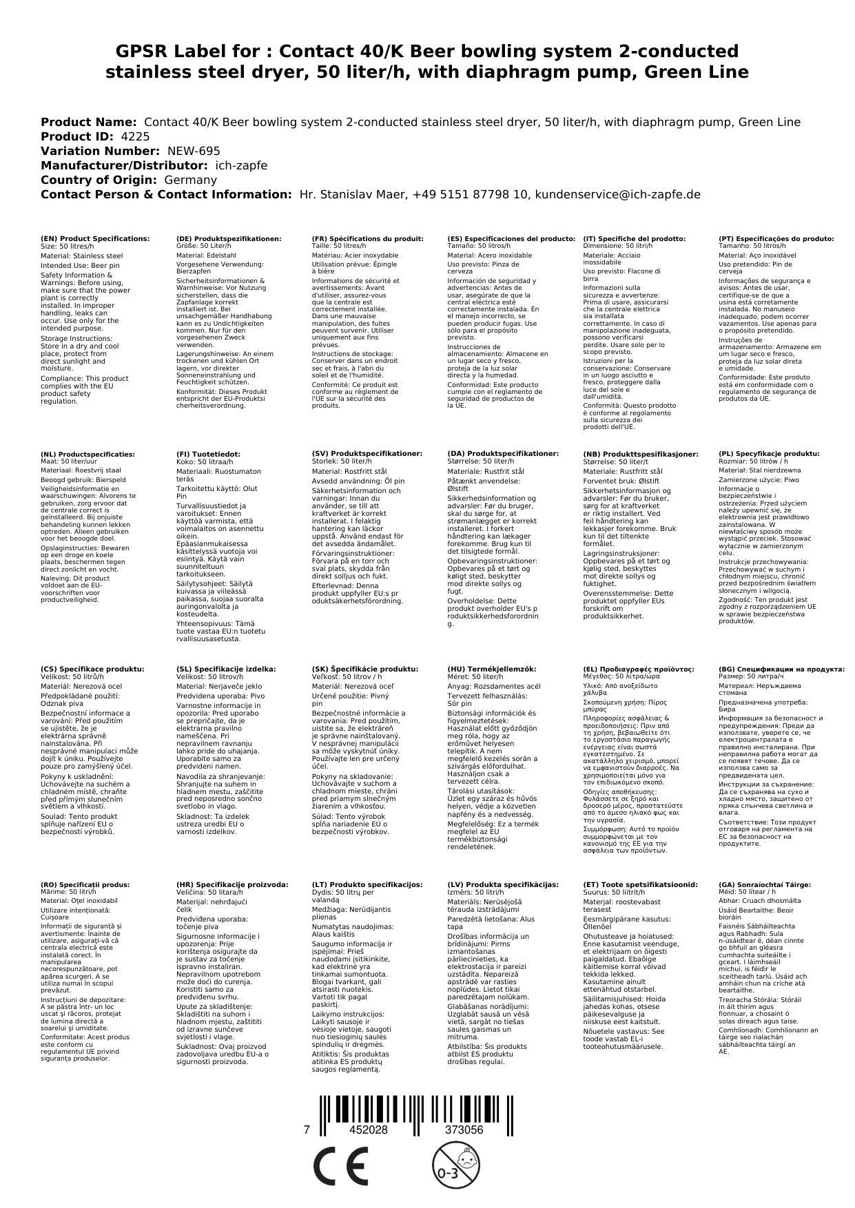 Komplett Set Zapfanlage Kontakt 40/K Bierzapfanlage 2-leitig Trockenkühlgerät aus Edelstahl, 50 Liter/h, mit Membranpumpe, Green Line, Zapfkopf: Fla