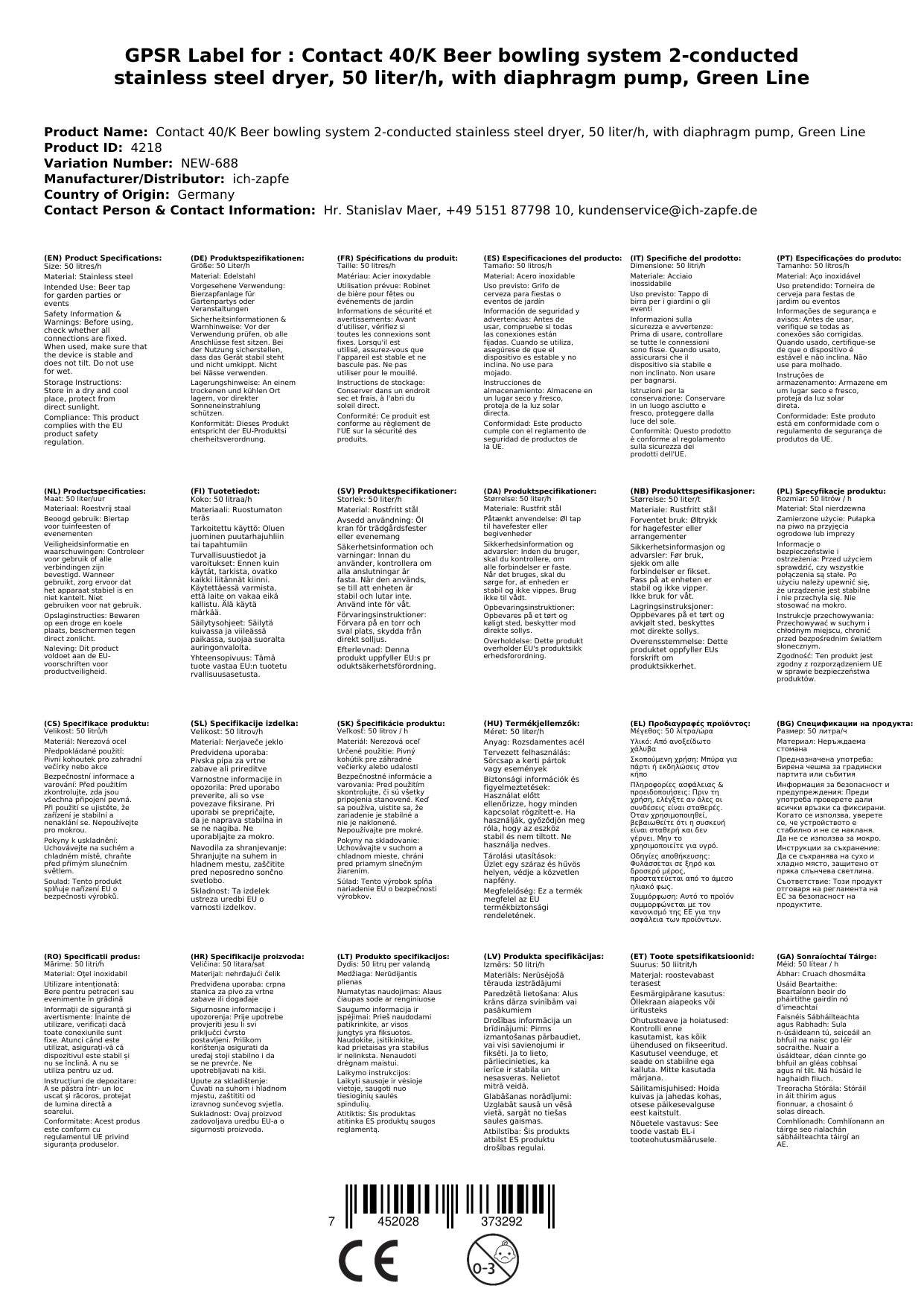 Komplett Set Zapfanlage Kontakt 40/K Bierzapfanlage 2-leitig Trockenkühlgerät aus Edelstahl, 50 Liter/h, mit Membranpumpe, Green Line, Zapfkopf: Fla