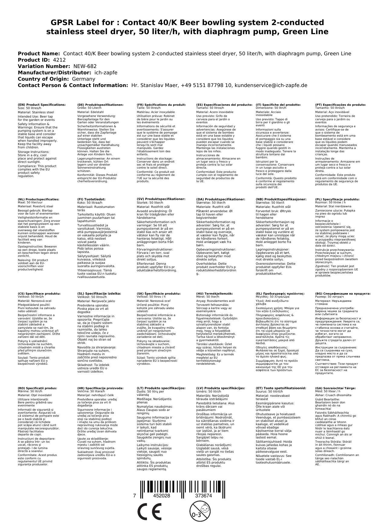 Komplett Set Zapfanlage Kontakt 40/K Bierzapfanlage 2-leitig Trockenkühlgerät aus Edelstahl, 50 Liter/h, mit Membranpumpe, Green Line, Zapfkopf: Kö