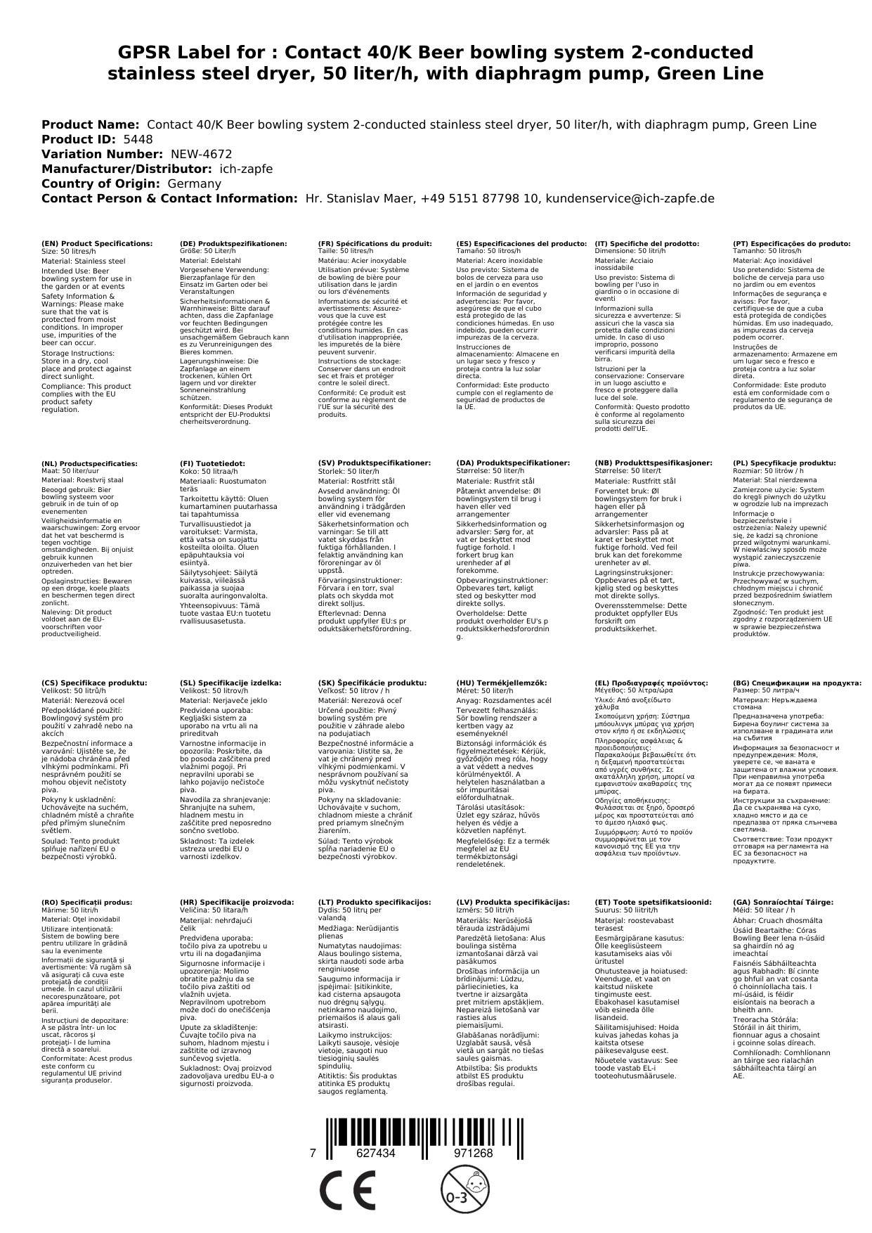 Komplett Set Zapfanlage Kontakt 40/K Bierzapfanlage 2-leitig Trockenkühlgerät aus Edelstahl, 50 Liter/h, mit Membranpumpe, Green Line, Zapfkopf: Kom
