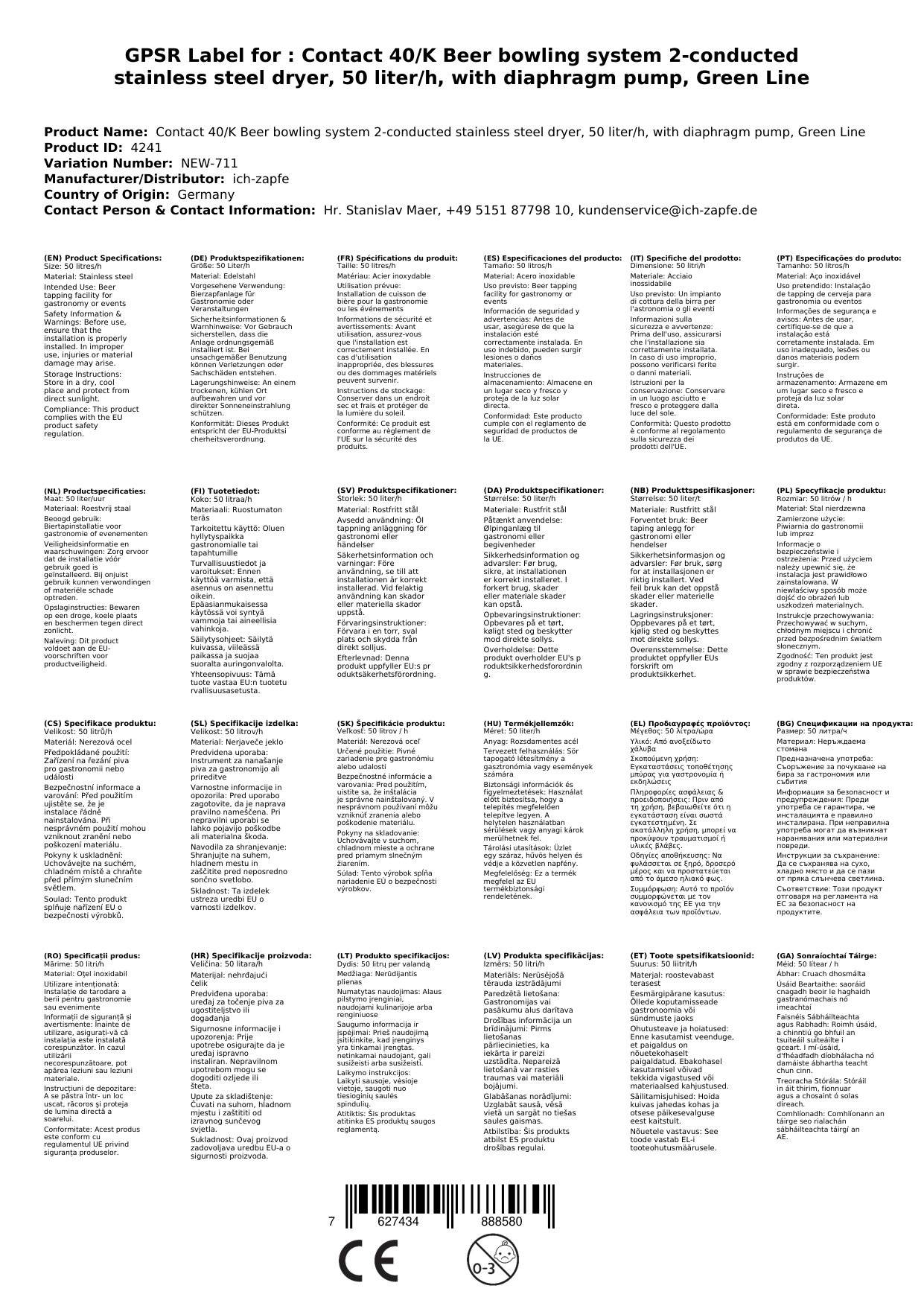Komplett Set Zapfanlage Kontakt 40/K Bierzapfanlage 2-leitig Trockenkühlgerät aus Edelstahl, 50 Liter/h, mit Membranpumpe, Green Line, Zapfkopf: Kom
