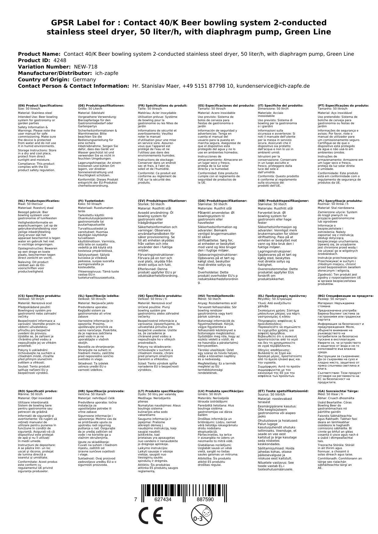 Komplett Set Zapfanlage Kontakt 40/K Bierzapfanlage 2-leitig Trockenkühlgerät aus Edelstahl, 50 Liter/h, mit Membranpumpe, Green Line, Zapfkopf: Kom