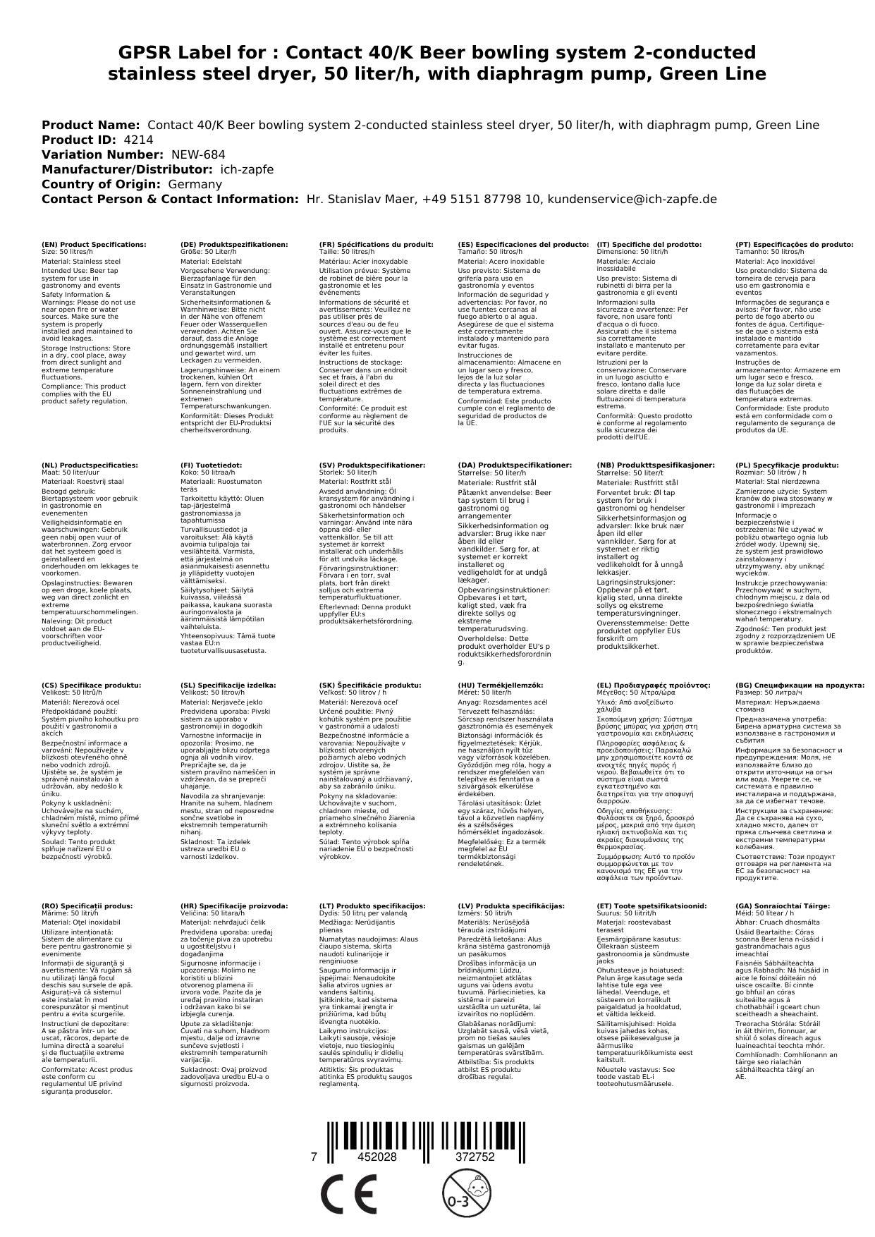 Komplett Set Zapfanlage Kontakt 40/K Bierzapfanlage 2-leitig Trockenkühlgerät aus Edelstahl, 50 Liter/h, mit Membranpumpe, Green Line, Zapfkopf: Kor