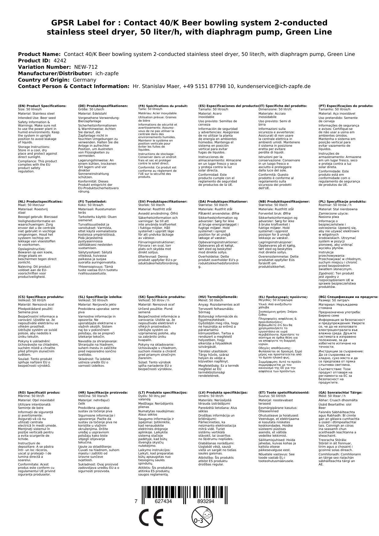 Komplett Set Zapfanlage Kontakt 40/K Bierzapfanlage 2-leitig Trockenkühlgerät aus Edelstahl, 50 Liter/h, mit Membranpumpe, Green Line, Zapfkopf: Kor