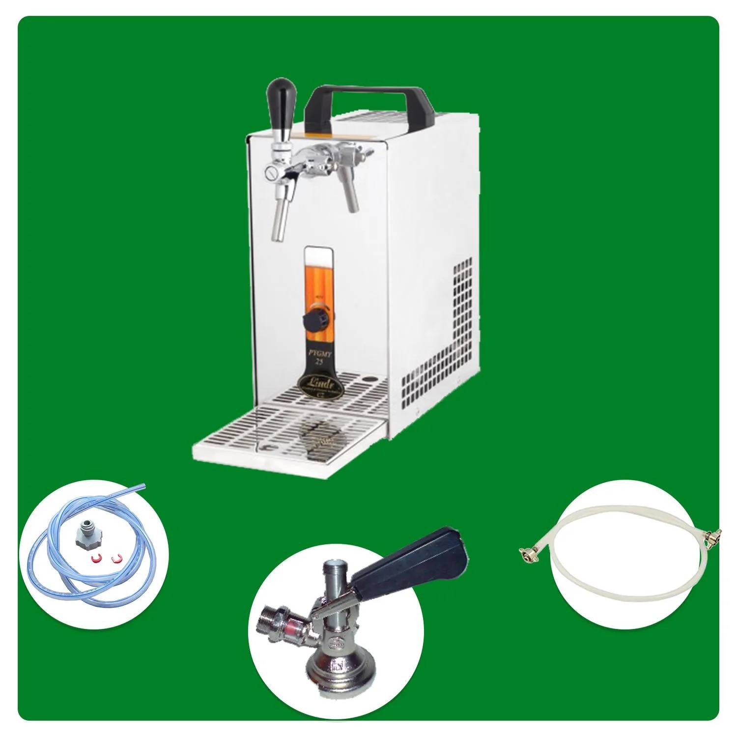 Komplett Set - Zapfanlage, Bierzapfanlage, Bierzapfen PYGMY 20/K mit Membranpumpe, 1-leitig Trockenkühlgerät aus Edelstahl, 25 Liter/h, Green Line