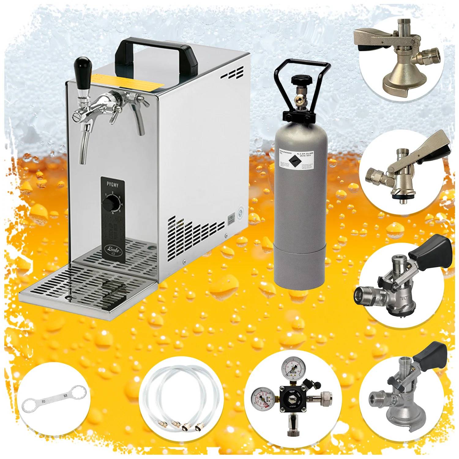 Komplett Set - Zapfanlage, Bierzapfanlage, Bierkoffer, Durchlaufkühler PYGMY 25 LE, 1-leitig Trockenkühler, 30 Liter/h, Green Line, Zapfkopf: Set al