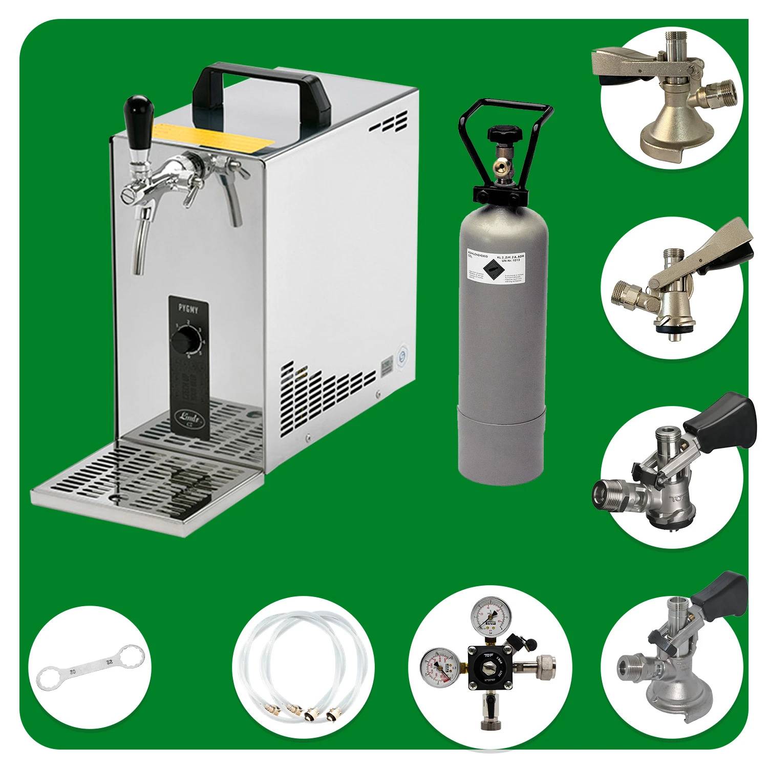 Komplett Set - Zapfanlage, Bierzapfanlage, Bierkoffer, Durchlaufkühler PYGMY 25 LE, 1-leitig Trockenkühler, 30 Liter/h, Green Line, Zapfkopf: Set al