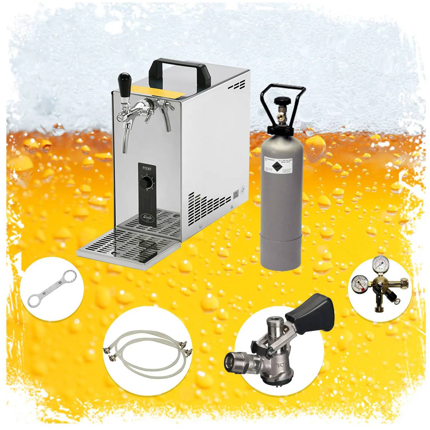 Komplett Set - Zapfanlage, Bierzapfanlage, Bierkoffer, Durchlaufkühler PYGMY 25 1-leitig Trockenkühler, 35 Liter/h, Zapfkopf: 5 Liter Adapter