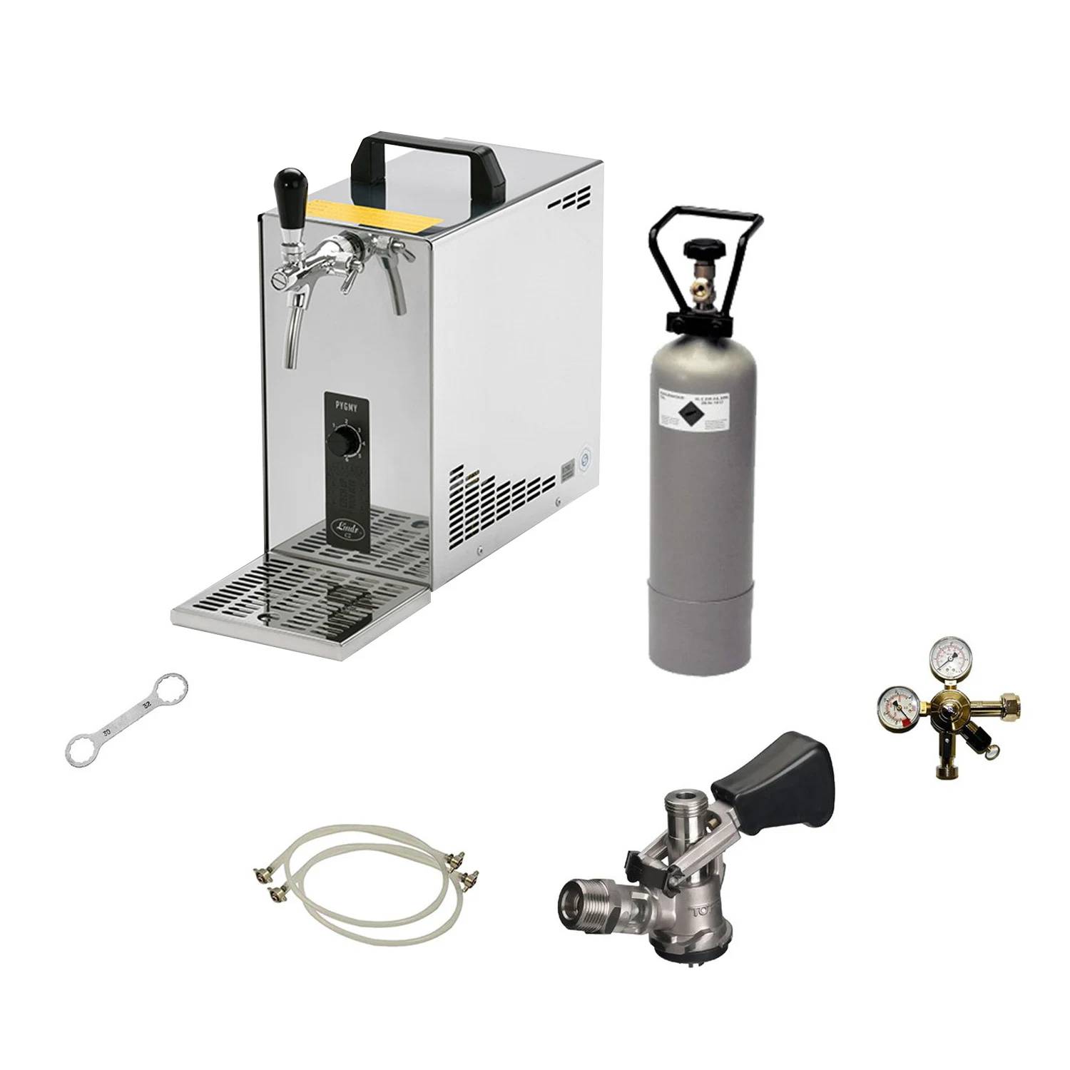 Komplett Set - Zapfanlage, Bierzapfanlage, Bierkoffer, Durchlaufkühler PYGMY 25 1-leitig Trockenkühler, 35 Liter/h, Zapfkopf: 5 Liter Adapter