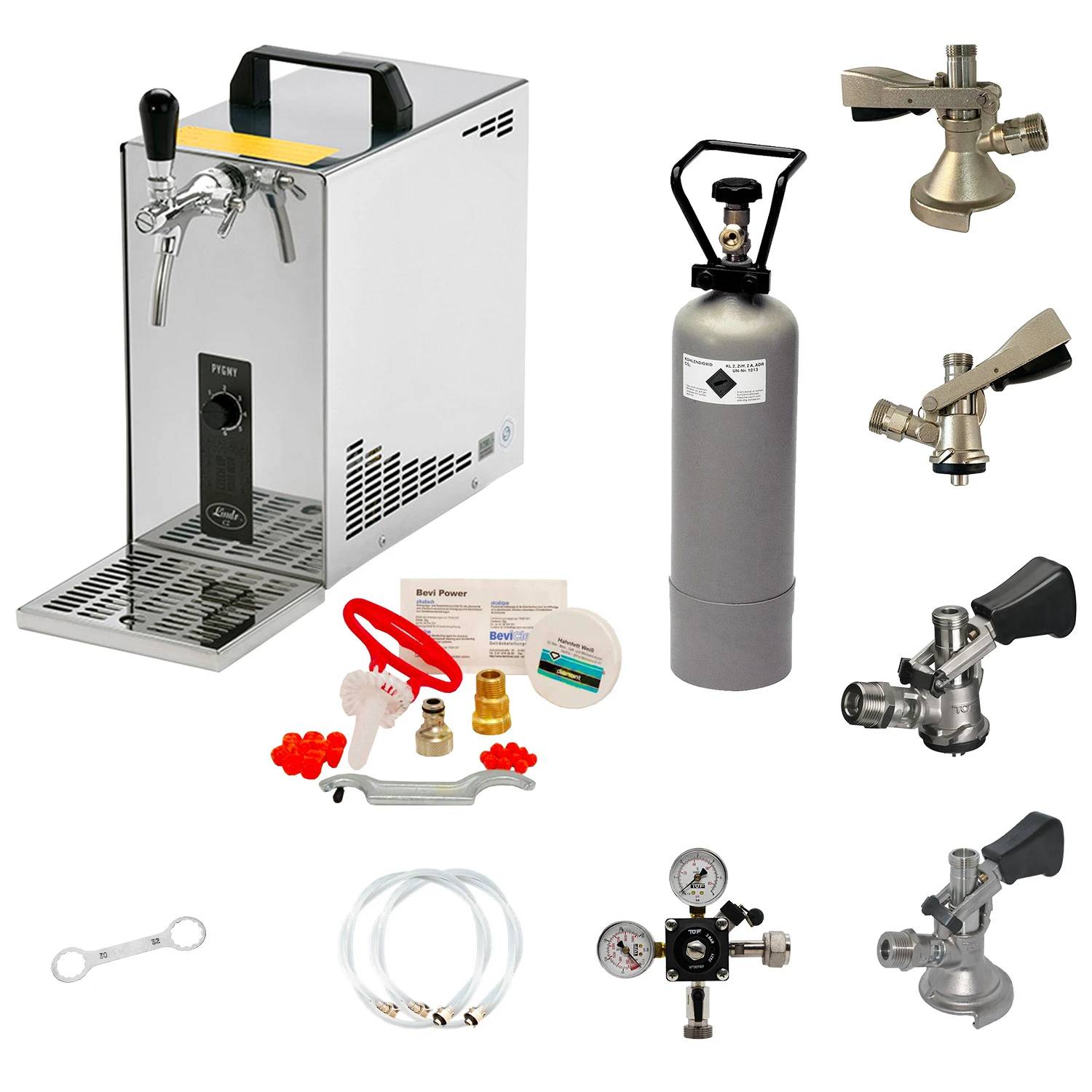 Komplett Set - Zapfanlage, Bierzapfanlage, Bierkoffer, Durchlaufkühler PYGMY 25 1-leitig Trockenkühler, 35 Liter/h, Reinigungsset für Zapfanlage un