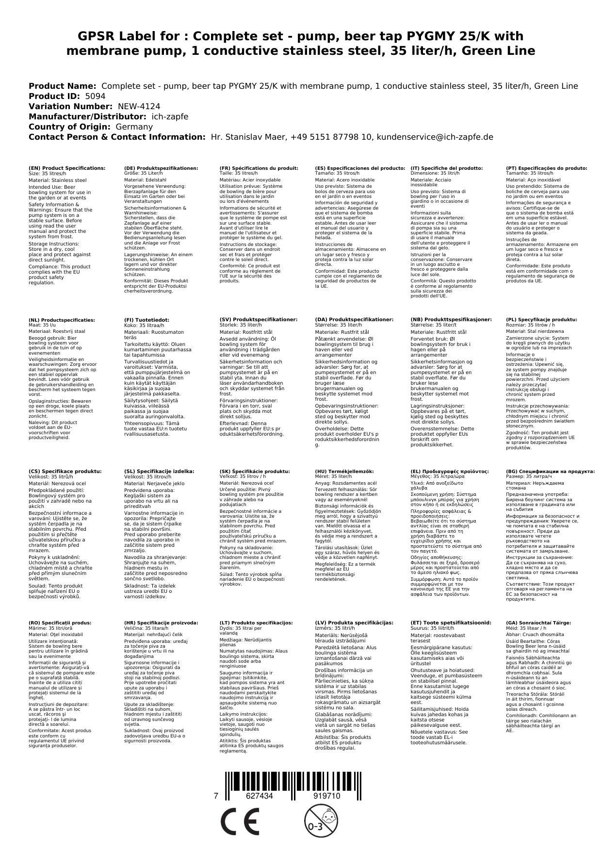 Komplett Set - Zapfanlage, Bierzapfanlage PYGMY 25/K mit Membranpumpe, 1-leitig Trockenkühlgerät aus Edelstahl, 35 Liter/h, Green Line, Zapfkopf: Ke