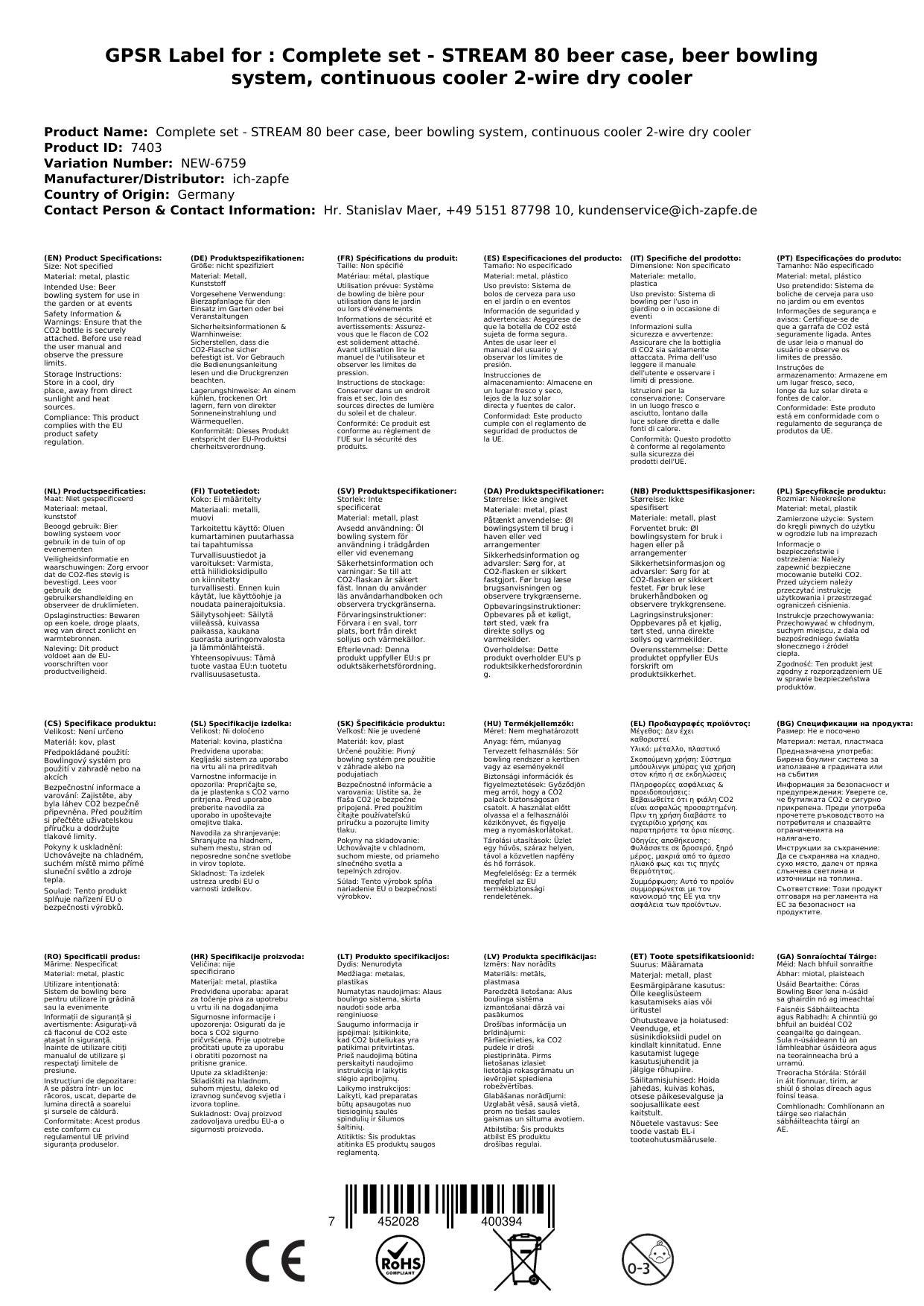 Komplett Set - Zapfanlage STREAM 80 Bierkoffer, Bierzapfanlage, Durchlaufkühler 2-leitig Trockenkühler, Zapfkopf 2: Kombi; Zapfkopf: NC Adapter