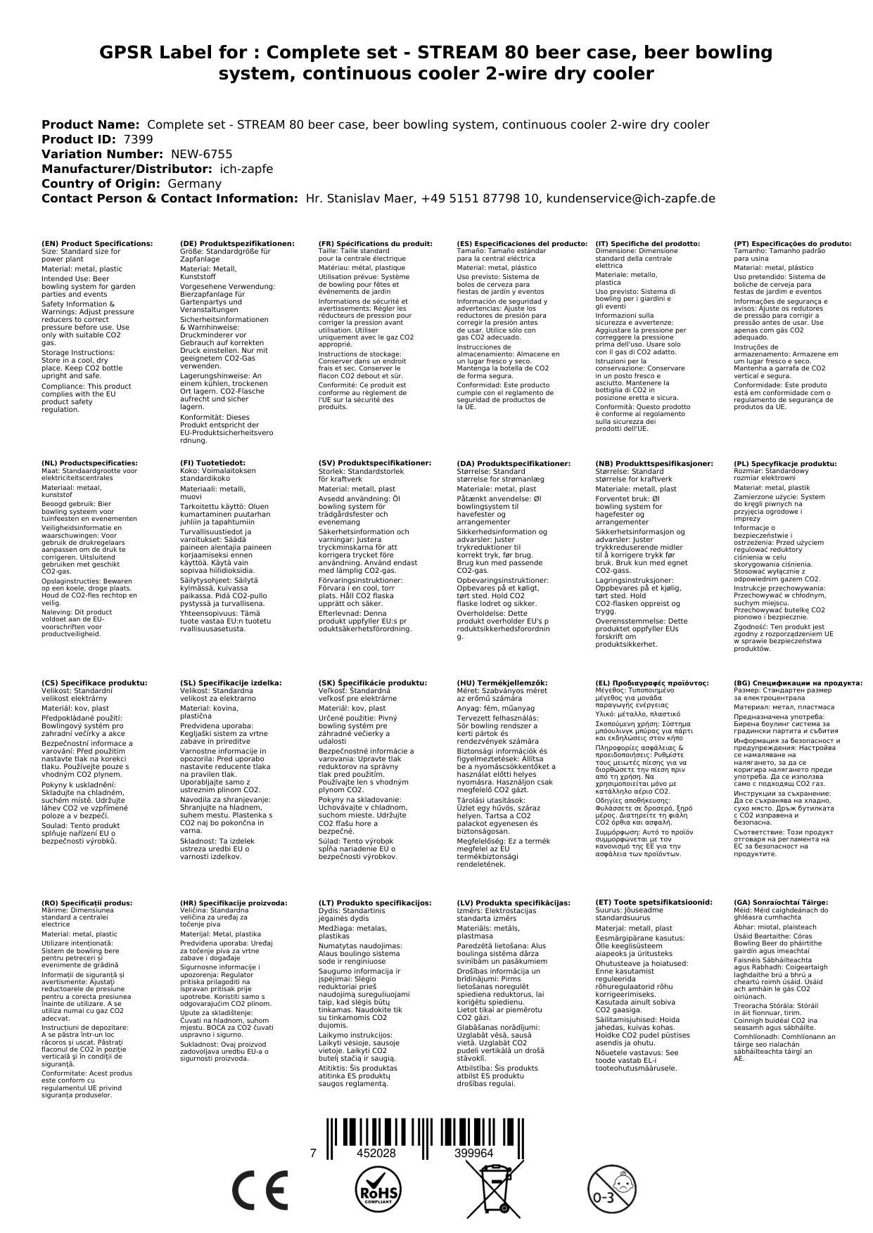 Komplett Set - Zapfanlage STREAM 80 Bierkoffer, Bierzapfanlage, Durchlaufkühler 2-leitig Trockenkühler, Zapfkopf 2: Korb; Zapfkopf: NC Adapter