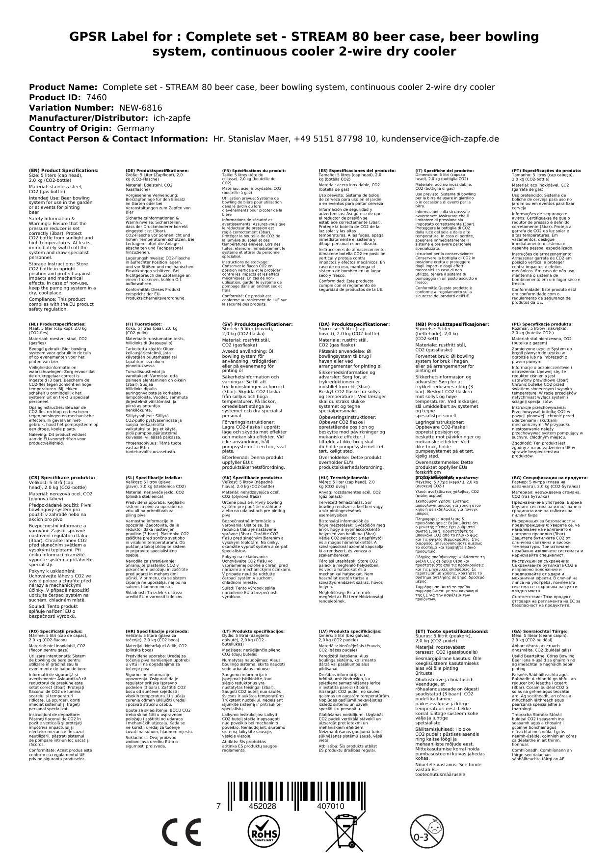 Komplett Set - Zapfanlage STREAM 80 Bierkoffer, Bierzapfanlage, Durchlaufkühler 2-leitig Trockenkühler, Zapfkopf: 5 Liter Adapter; Zapfkopf 2: Dreik