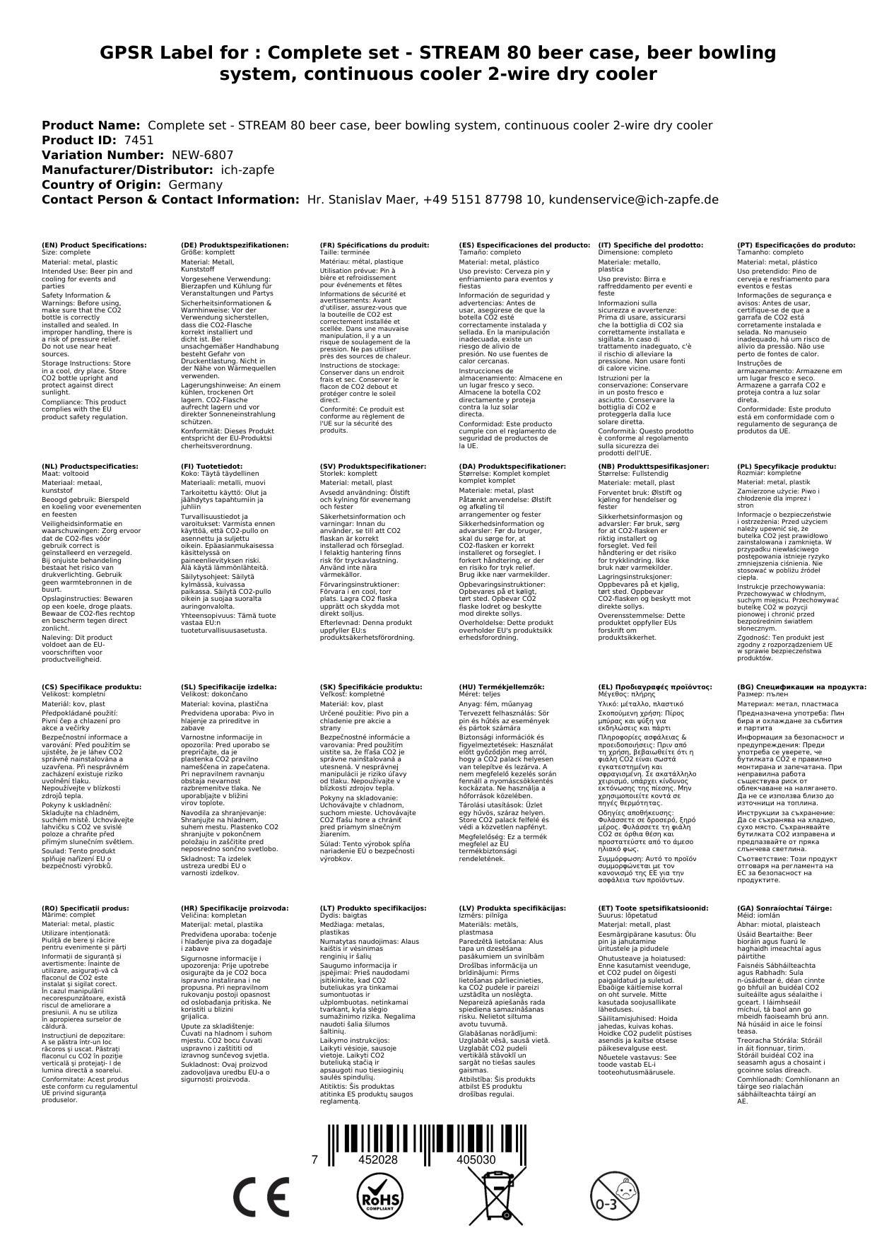 Komplett Set - Zapfanlage STREAM 80 Bierkoffer, Bierzapfanlage, Durchlaufkühler 2-leitig Trockenkühler, Zapfkopf: Dreikant; Zapfkopf 2: Flach