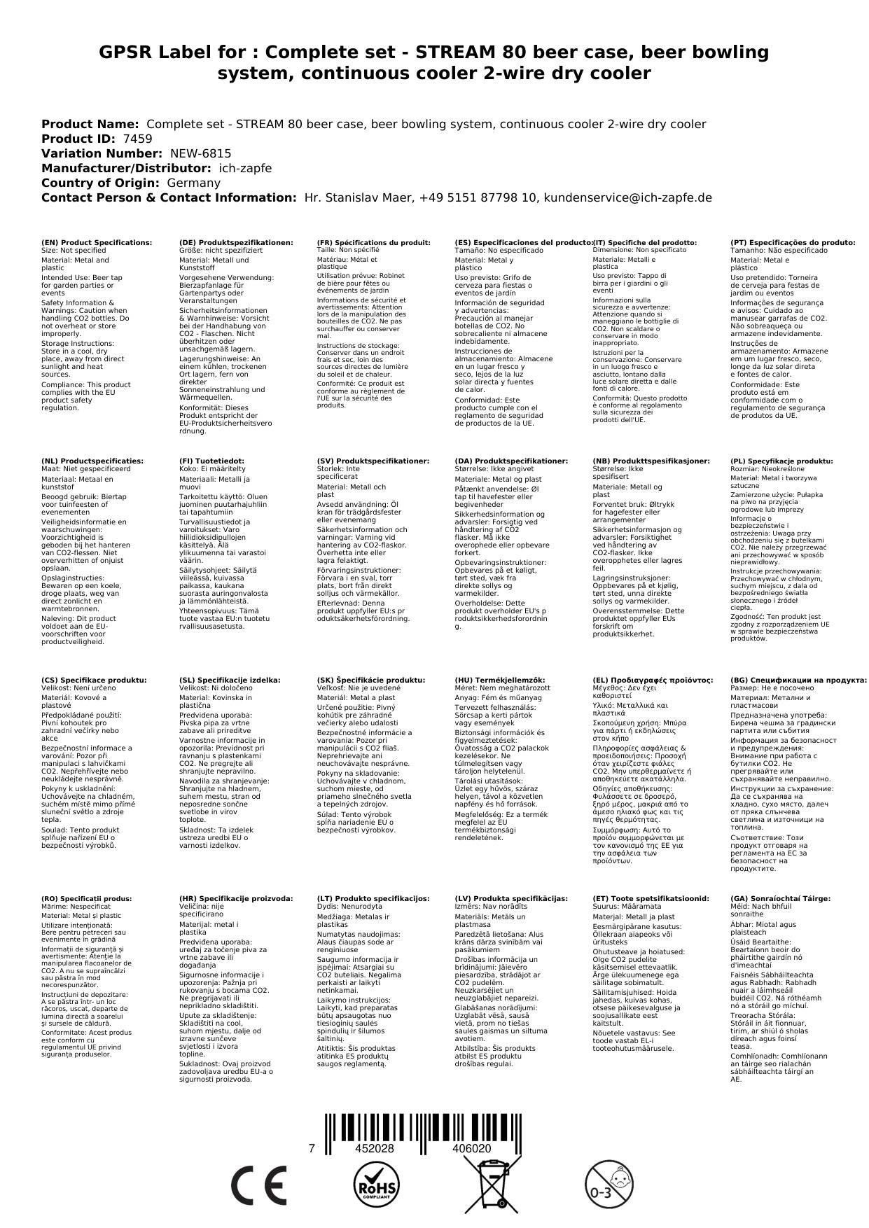 Komplett Set - Zapfanlage STREAM 80 Bierkoffer, Bierzapfanlage, Durchlaufkühler 2-leitig Trockenkühler, Zapfkopf: Dreikant; Zapfkopf 2: Dreikant