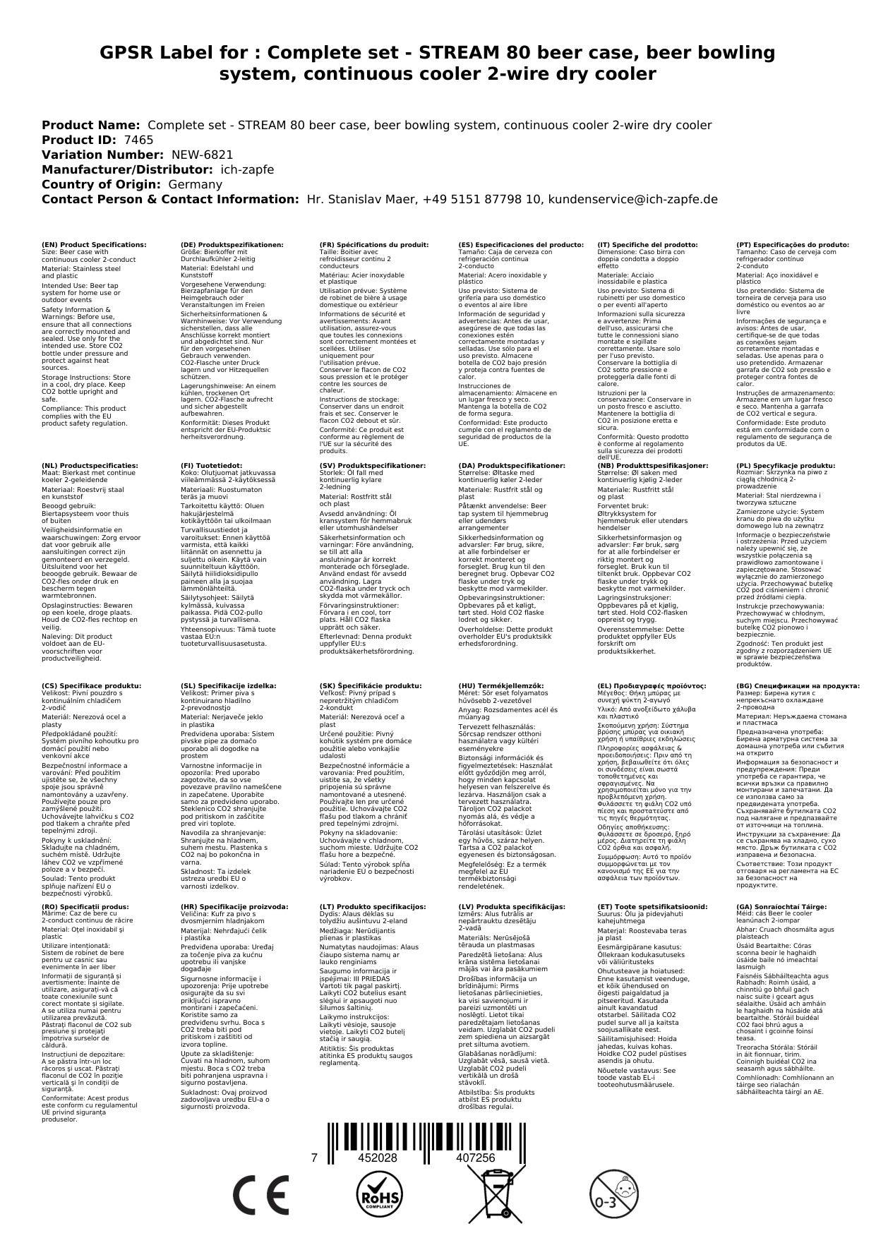 Komplett Set - Zapfanlage STREAM 80 Bierkoffer, Bierzapfanlage, Durchlaufkühler 2-leitig Trockenkühler, Zapfkopf: Kombi; Zapfkopf 2: Dreikant