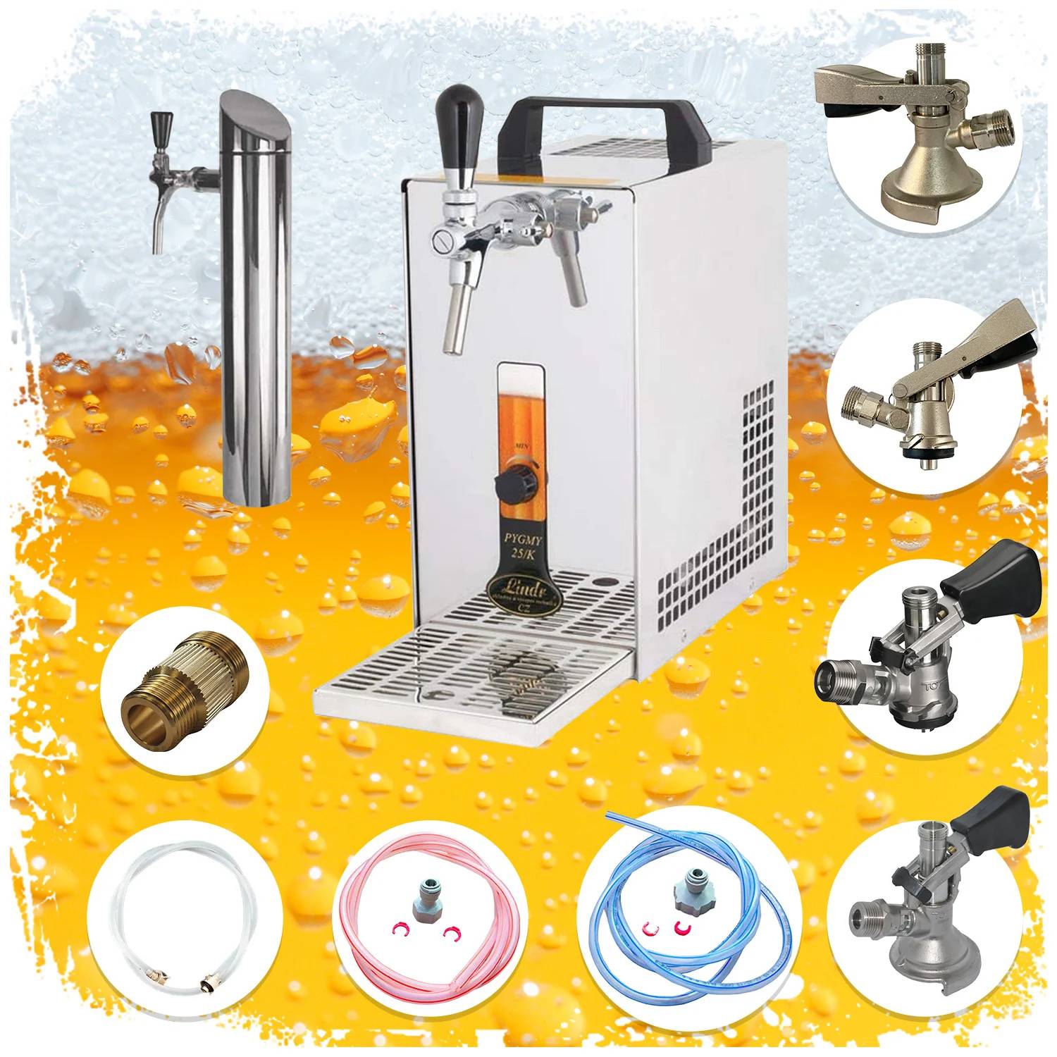 Untertheken Komplett Set - Zapfanlage, Bierzapfanlage PYGMY 20/K mit Membranpumpe, 1-leitig Trockenkühlgerät aus Edelstahl, 25 Liter/h, inkl. Schank