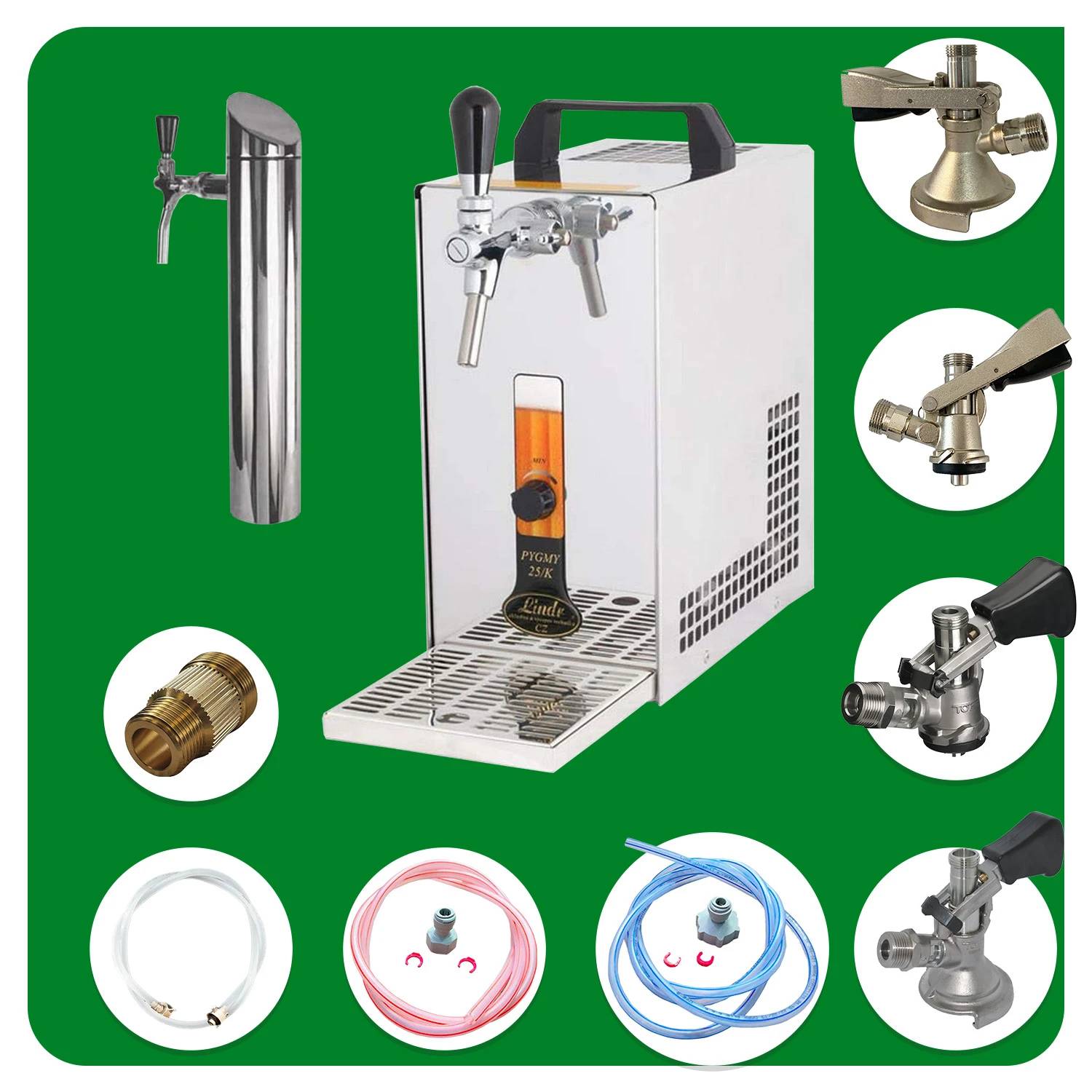 Untertheken Komplett Set - Zapfanlage, Bierzapfanlage PYGMY 20/K mit Membranpumpe, 1-leitig Trockenkühlgerät aus Edelstahl, 25 Liter/h, inkl. Schank