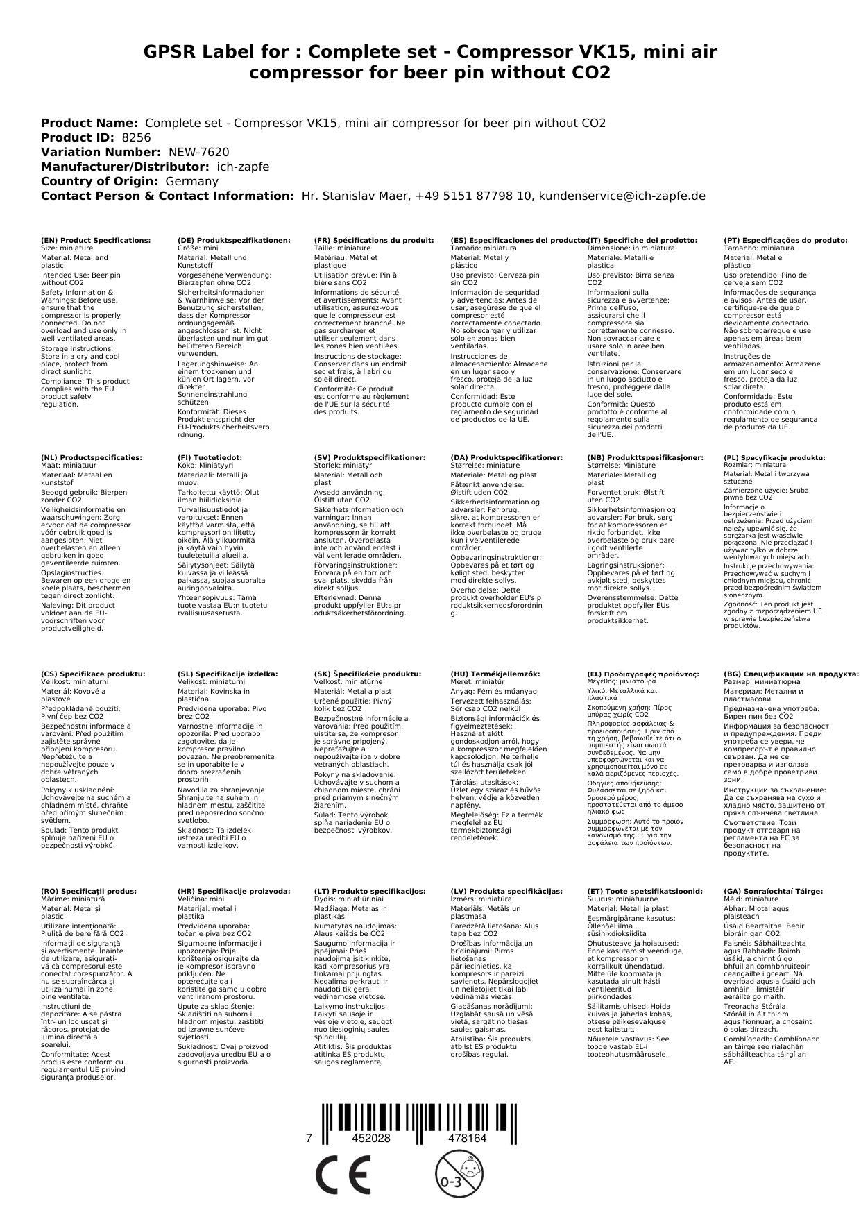 Komplett Set - Druckluft Kompressor VK15, mini Luftkompressor für Bierzapfen ohne CO2