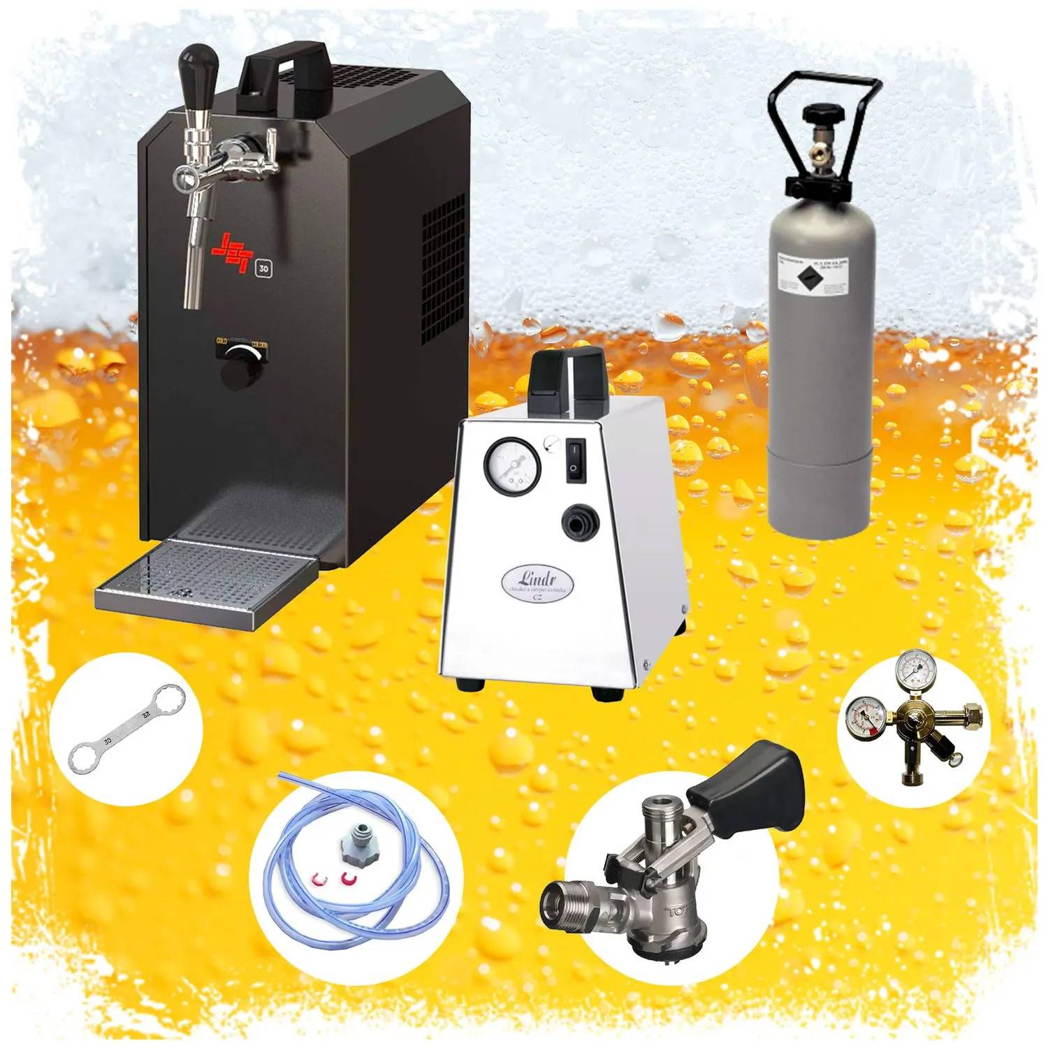 Komplett Set - Zapfanlage JET 30 Bierkoffer, Bierzapfanlage, Durchlaufkühler 1-leitig Trockenkühler, bis zu 35 Liter/h, Zapfkopf: Flach