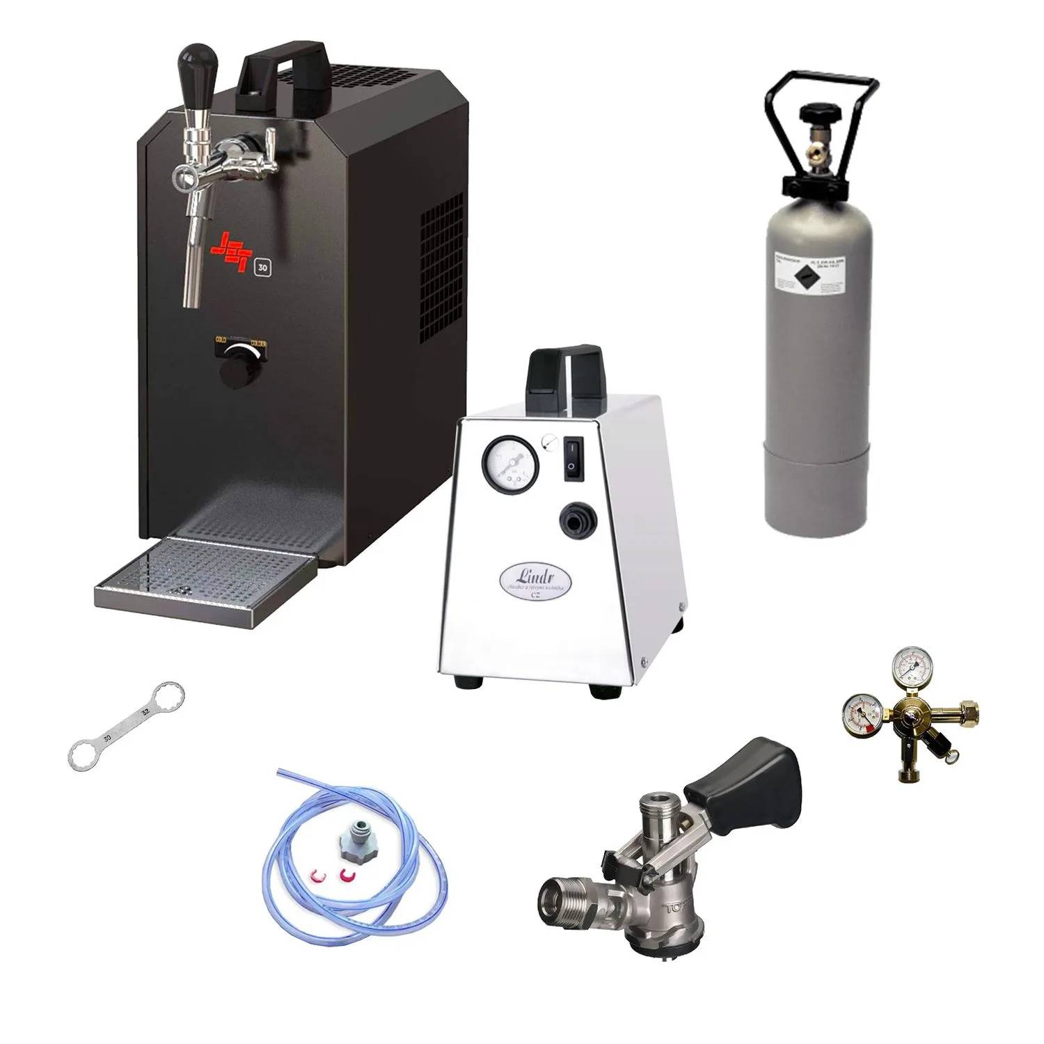 Komplett Set - Zapfanlage JET 30 Bierkoffer, Bierzapfanlage, Durchlaufkühler 1-leitig Trockenkühler, bis zu 35 Liter/h, Zapfkopf: 5 Liter Adapter