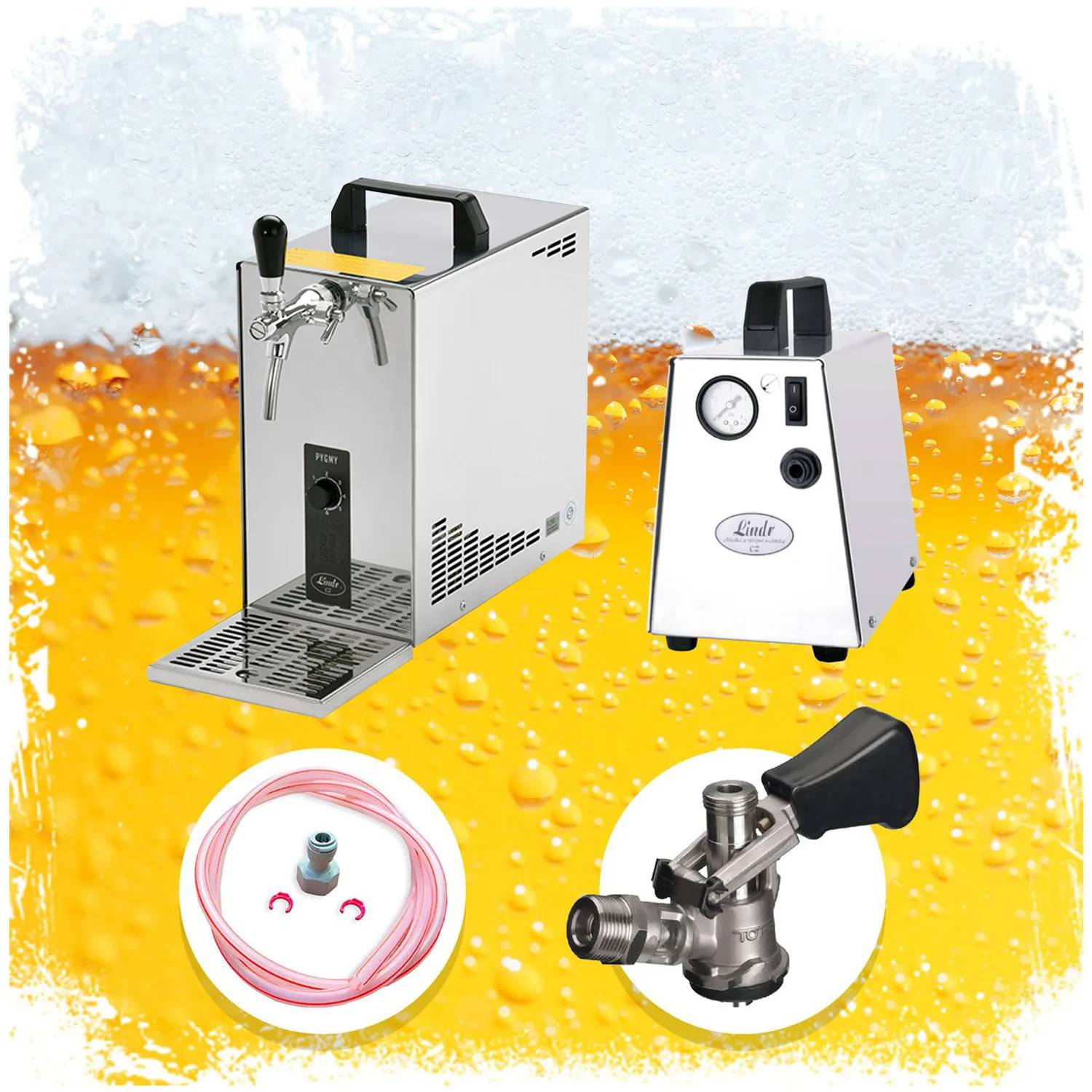 Komplett Set Zapfanlage, Bierzapfanlage, Bierkoffer, Durchlaufkühler PYGMY 25 1-leitig Trockenkühler, 35 Liter/h, Green Line, Zapfkopf: KeyKeg