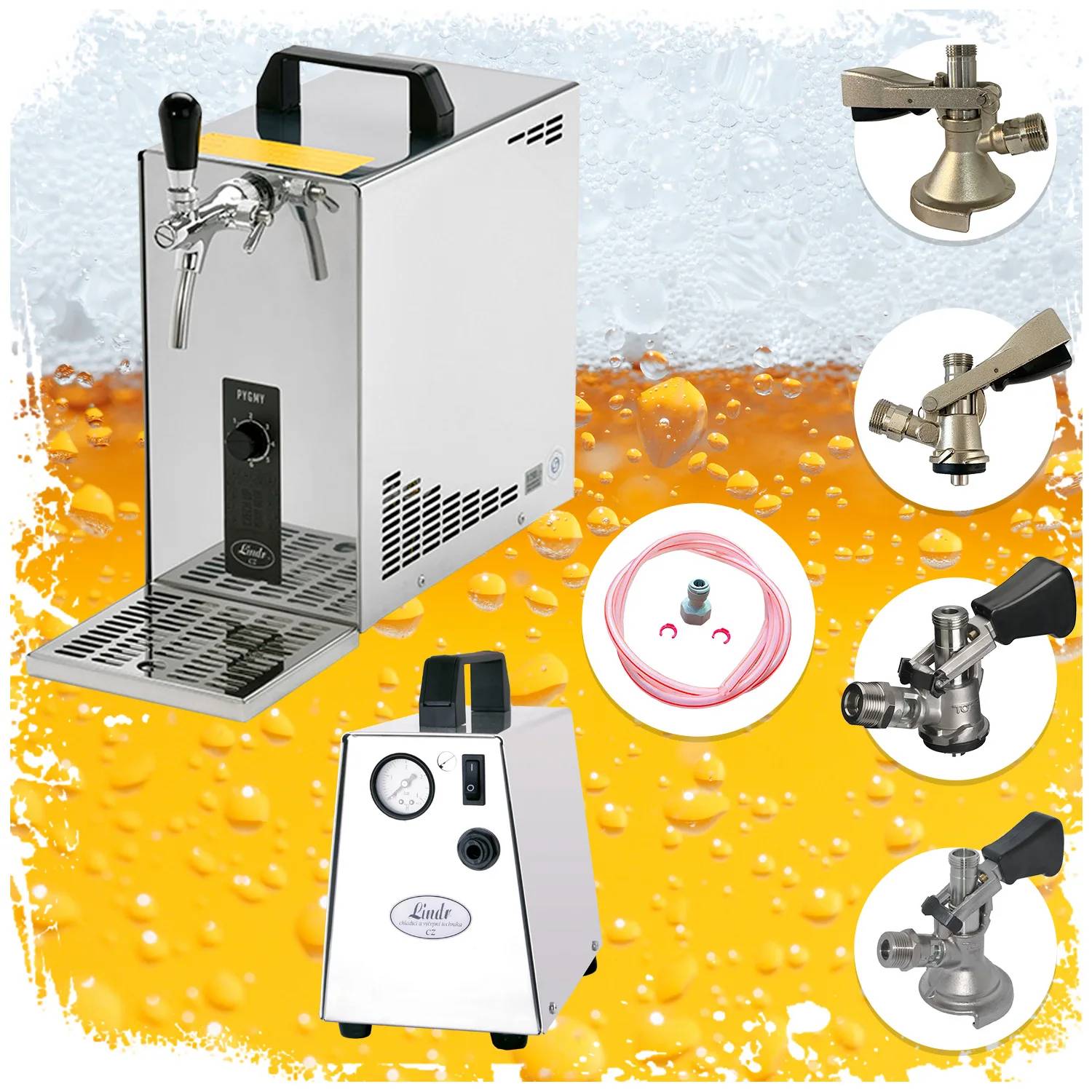 Komplett Set Zapfanlage, Bierzapfanlage, Bierkoffer, Durchlaufkühler PYGMY 25 1-leitig Trockenkühler, 35 Liter/h, Green Line, Zapfkopf: Set alle Zap