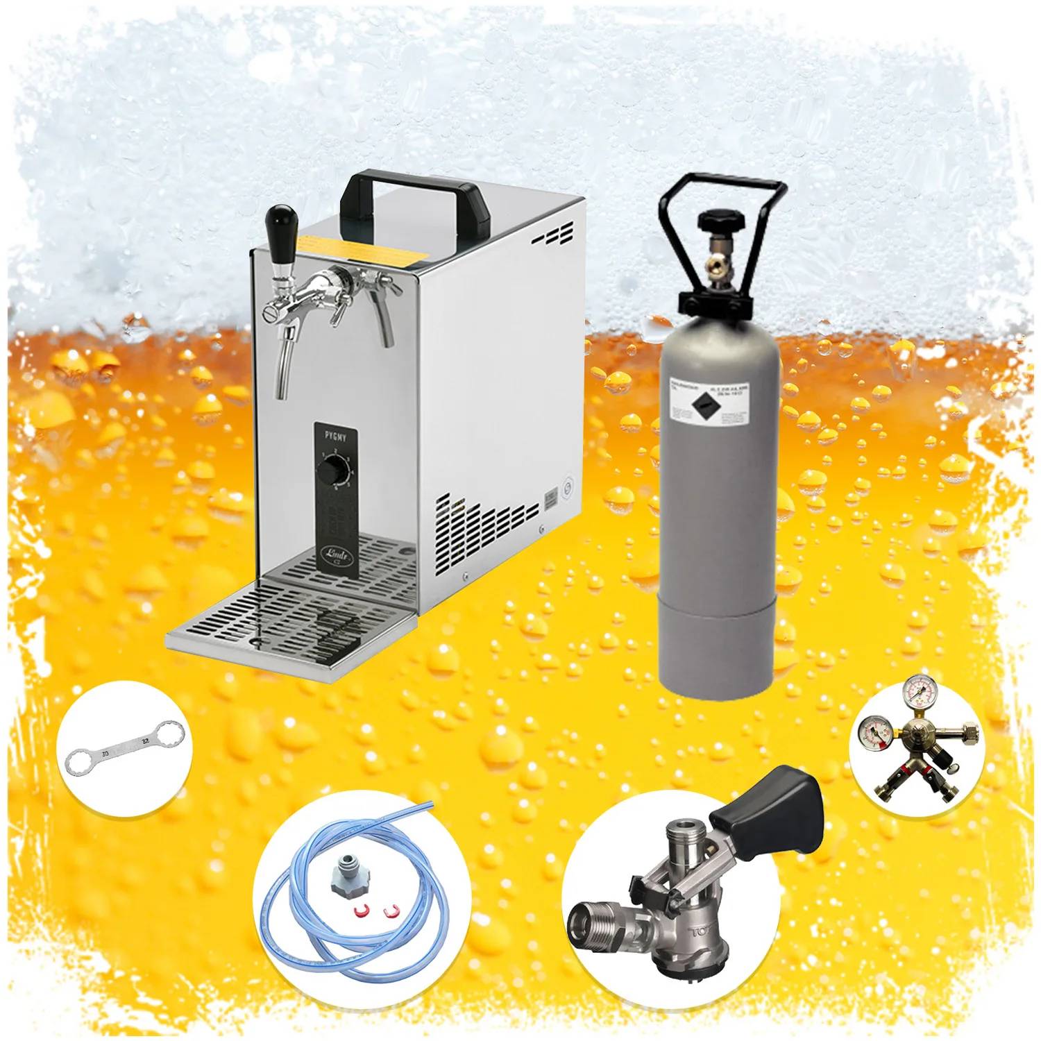 Komplett Set - Zapfanlage, Bierzapfanlage, Bierkoffer, Durchlaufkühler PYGMY 25 1-leitig Trockenkühler, 35 Liter/h, Zapfkopf: Dreikant