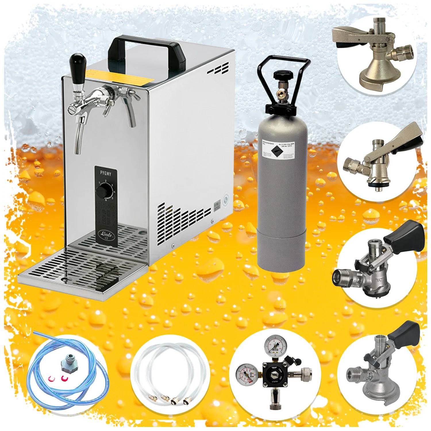 Komplett Set - Zapfanlage, Bierzapfanlage, Bierkoffer, Durchlaufkühler PYGMY 25 1-leitig Trockenkühler, 35 Liter/h, Zapfkopf: Set alle Zapfköpfe