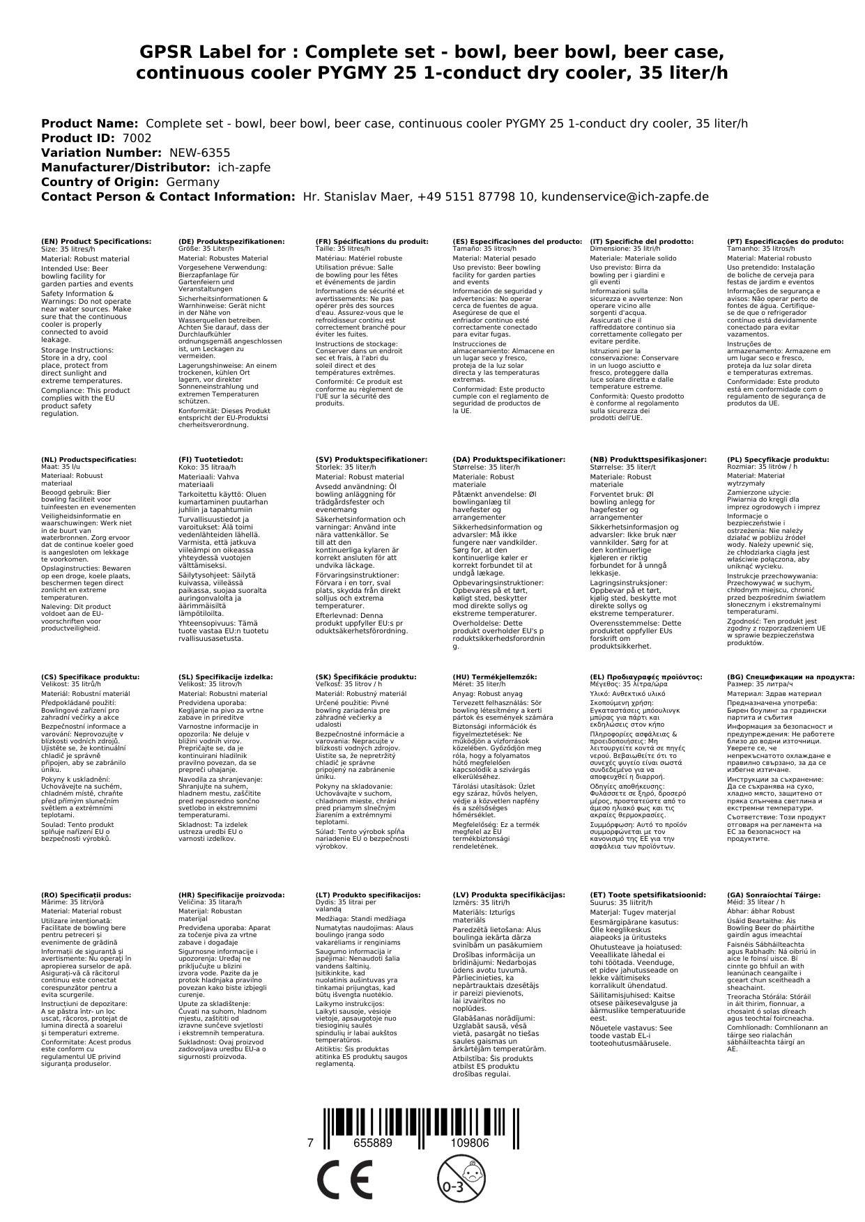 Komplett Set - Zapfanlage, Bierzapfanlage, Bierkoffer, Durchlaufkühler PYGMY 25 1-leitig Trockenkühler, 35 Liter/h, Zapfkopf: Dreikant