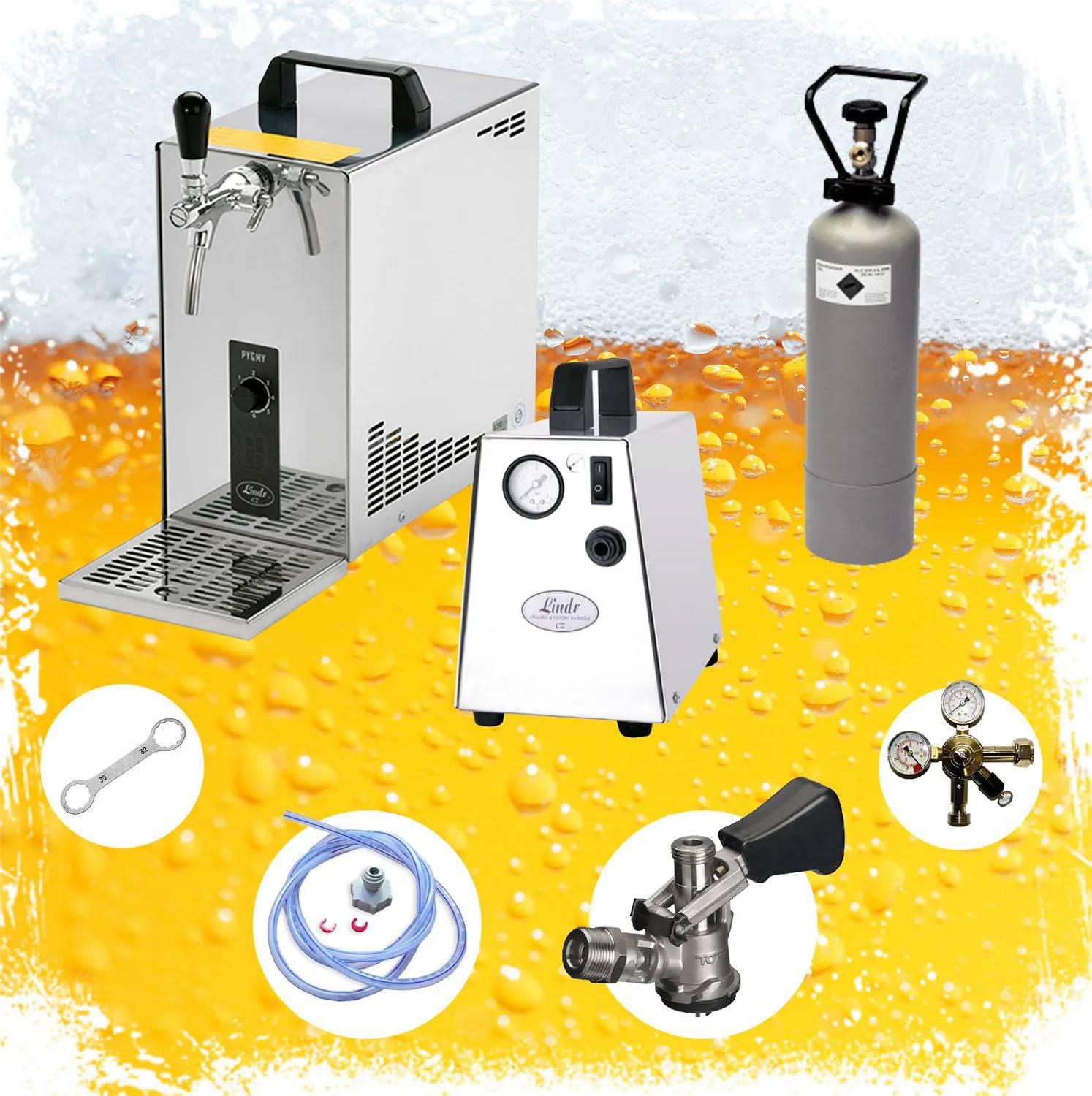 Komplett Set - Zapfanlage, Bierzapfanlage, Bierkoffer, Durchlaufkühler PYGMY 25 1-leitig Trockenkühler, 35 Liter/h, Zapfkopf: 5 Liter Adapter