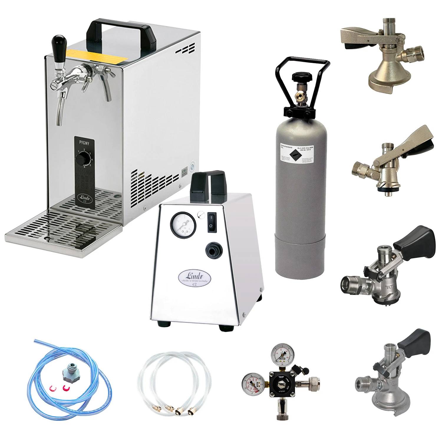 Komplett Set - Zapfanlage, Bierzapfanlage, Bierkoffer, Durchlaufkühler PYGMY 25 1-leitig Trockenkühler, 35 Liter/h, Zapfkopf: Korb